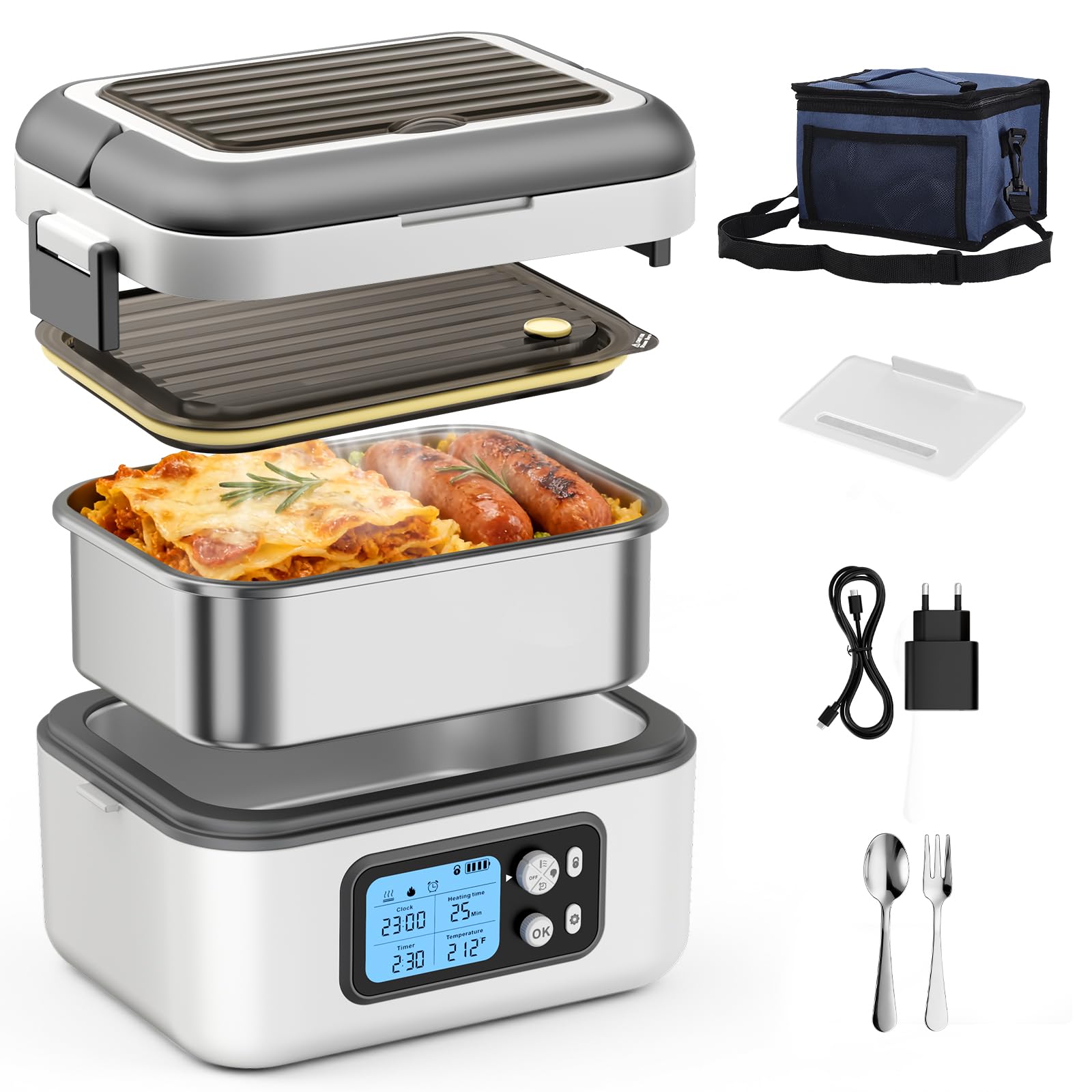 Scaldavivande Elettrico, 1,5L Lunch Box Elettrica, 27000mAh Scaldavivande Elettrico Portatile, Acciaio Inox, Lunchbox Autoriscaldante Ricaricabile per Ufficio Auto Viaggi Campeggio, Bianco