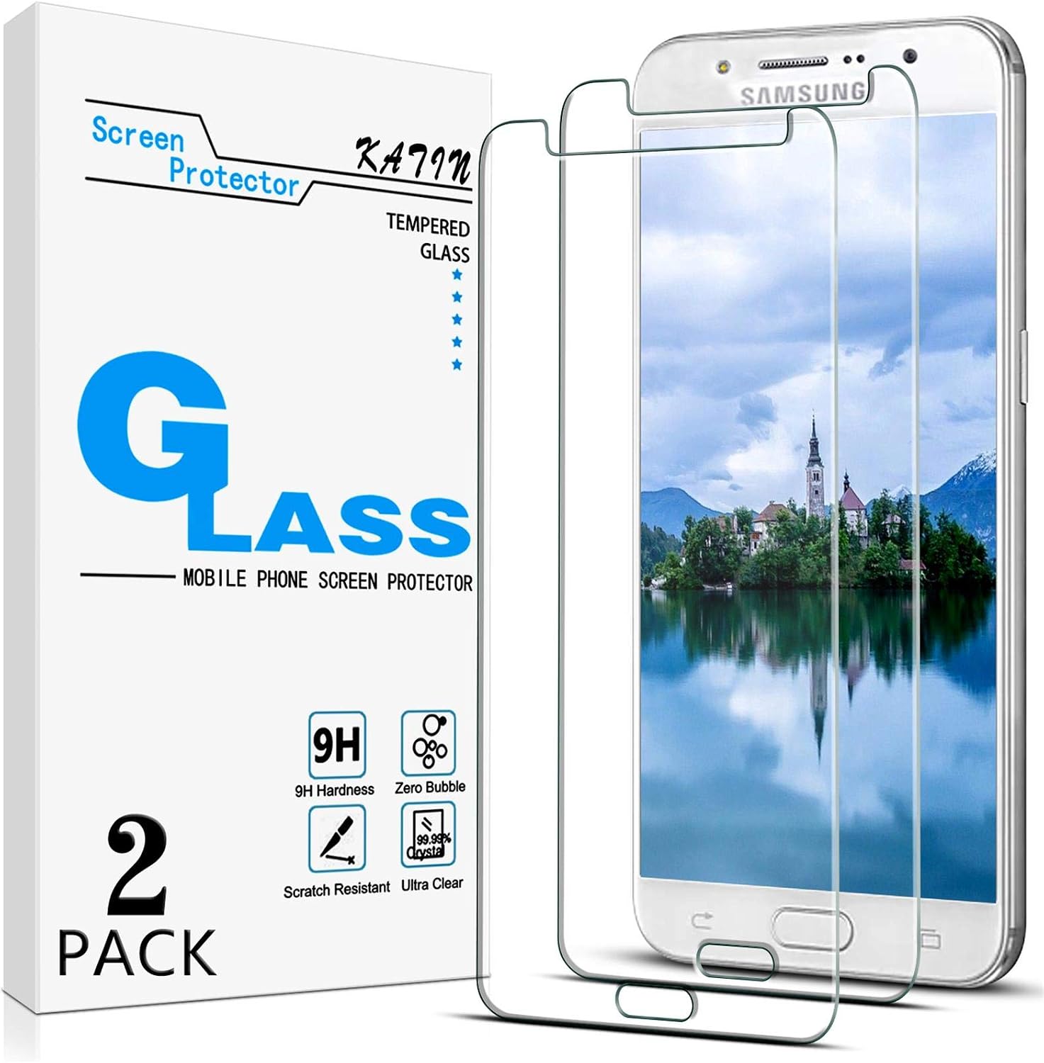 [2-Pack] KATIN For Samsung Galaxy J7 (2015) Tempered Glass Screen Protector No-Bubble, 9H Hardness, Easy to Install