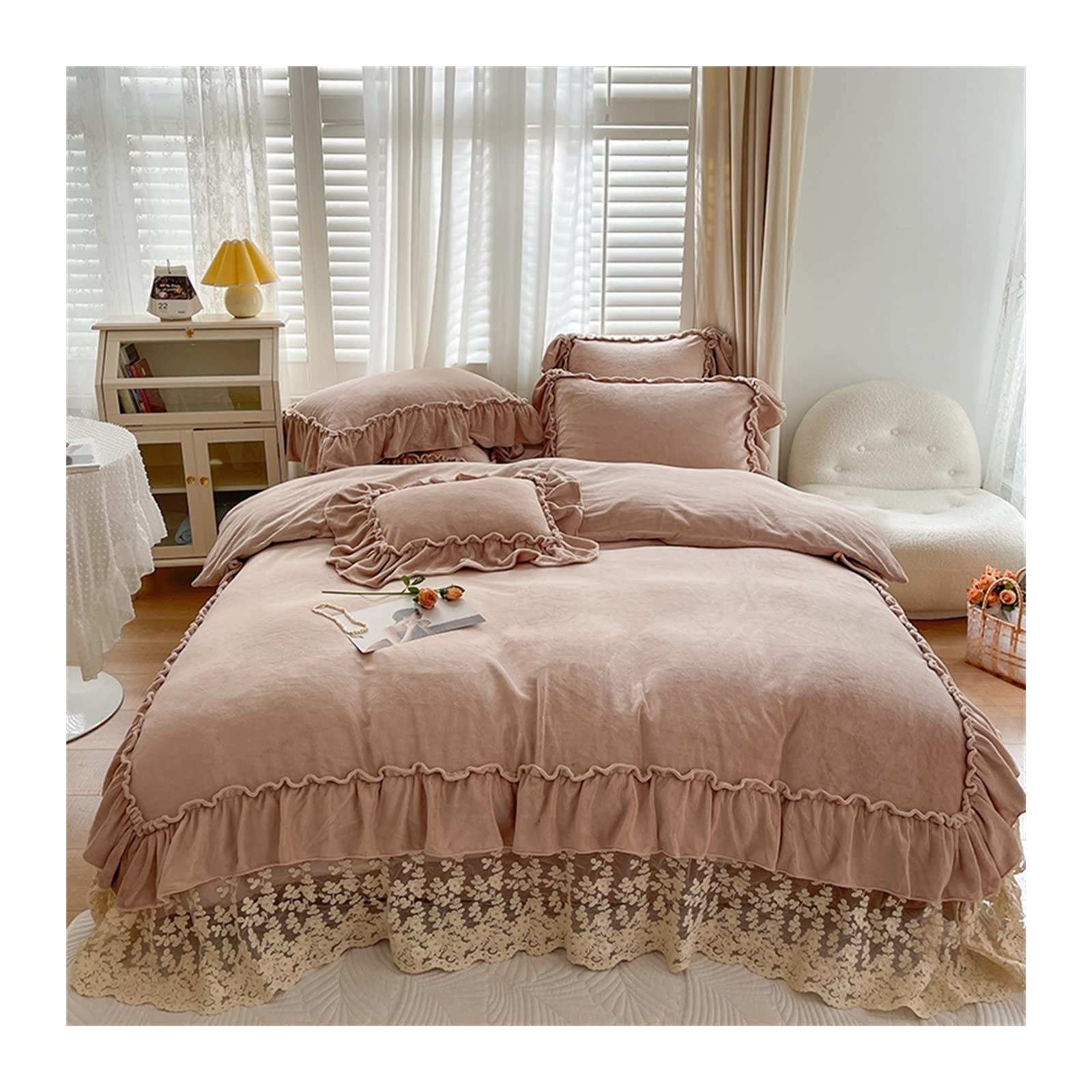 Amazon｜寝具セット 4 ピース ピンク フリル布団カバー セット