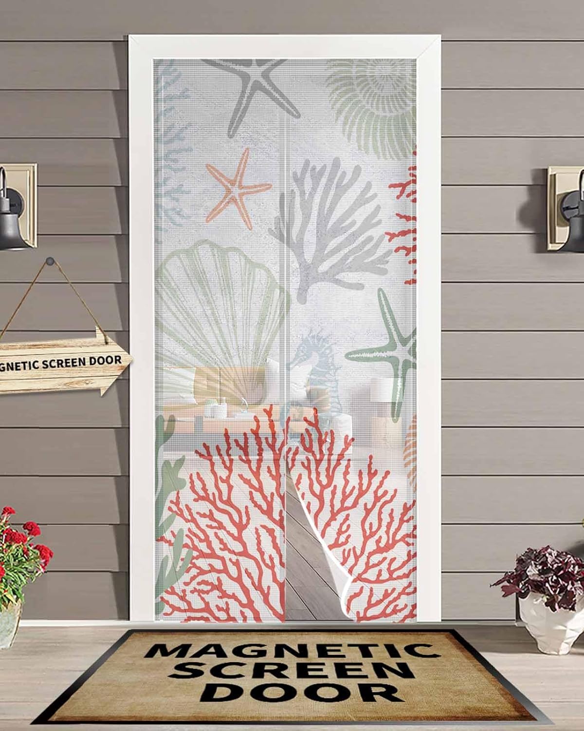 Orange Red Coastal Magnetic Screen Door, Sage Green Blue Coral Starfish Shell Hands Free Screen Mesh Size 38" x 83", Reinforce Heavy Duty Mesh Screen Doors for Patio/Front/Sliding Door