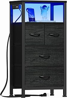 Furnulem Tall Night Stand with Charging Station and Led Light, Small Dresser with Open Shelf and 4 Storage Drawers, Black Side Table Fabric Nightstand for Bedroom, Entryway, Bedside Furniture | and Led Light, Open Shelf, 4 Storage Drawers, for Bedroom, Entryway