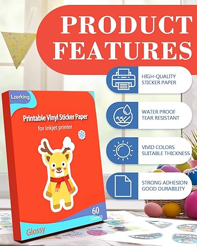 Vista 23 de Lzerking Papel adhesivo brillante de vinilo imprimible para impresora de inyección de tinta, 100 hojas, color blanco, impermeable, autoadhesivas