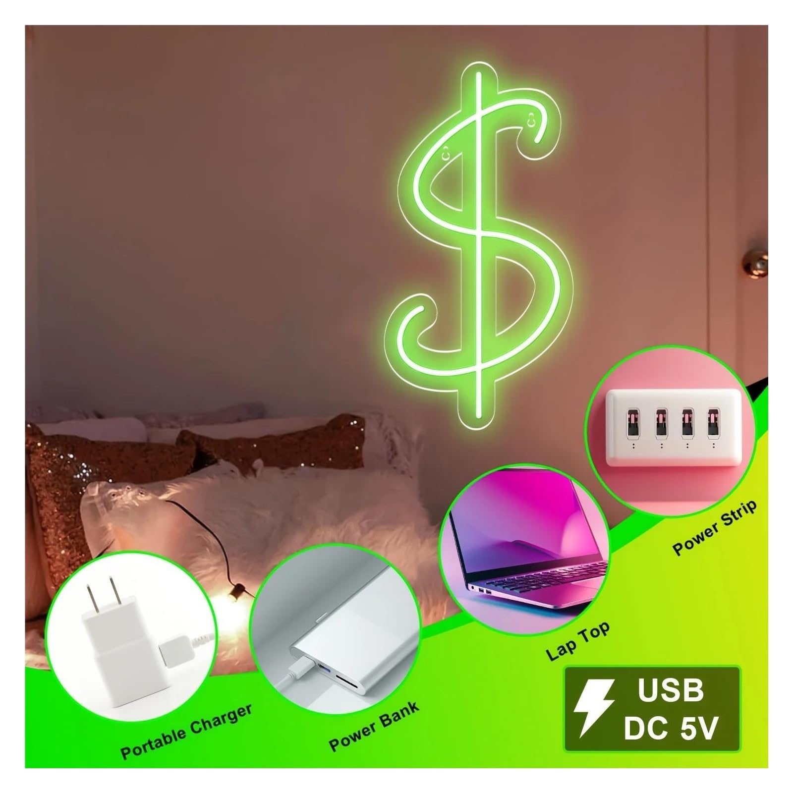 néon signe Panneau Lumineux LED En Forme De Dollar, Intensité Variable, Pour Restaurant, Chambre, Bar, Fête, Décoration De Vacances, Alimenté Par USB, 35cmx18cm
