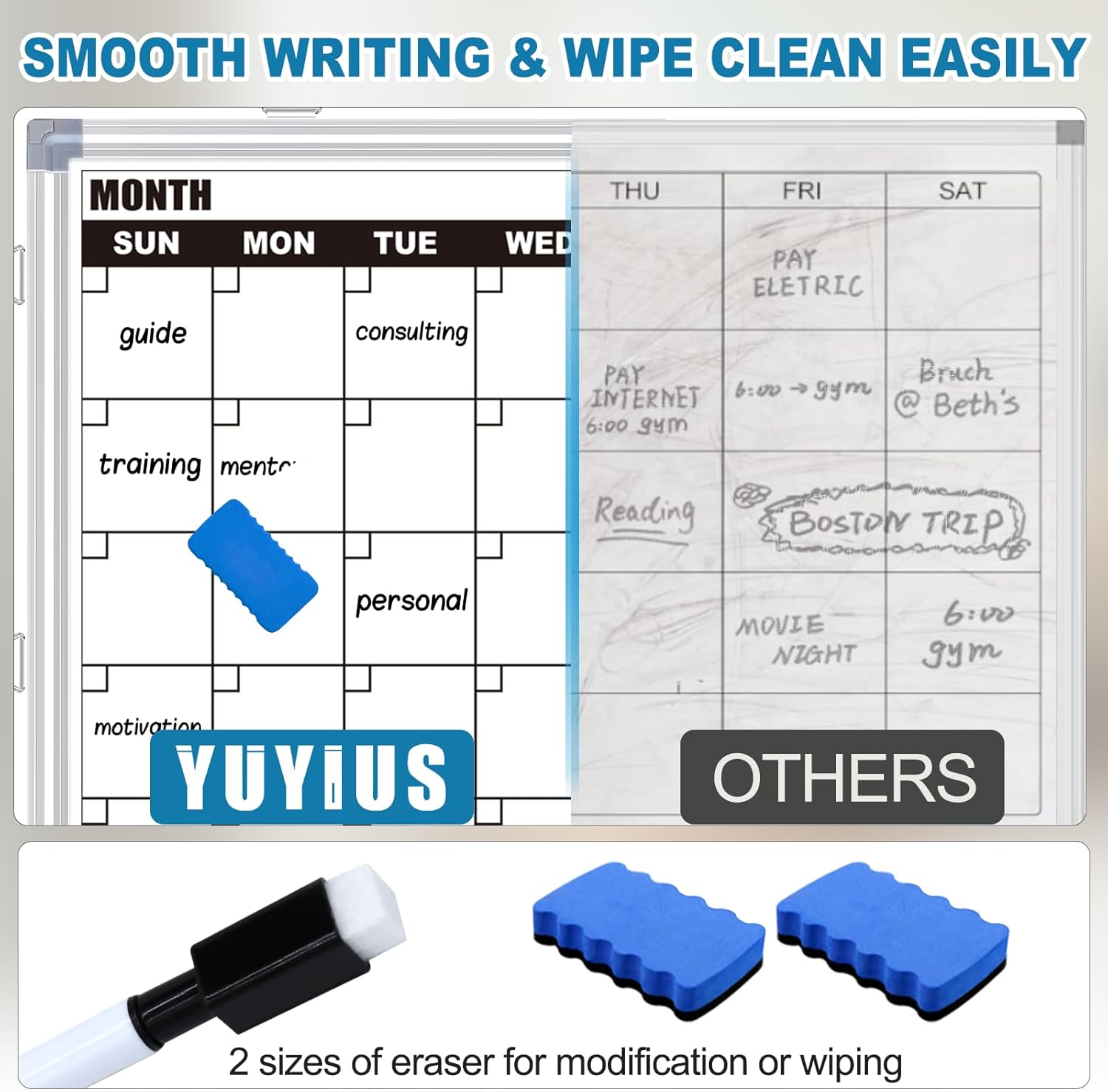 Calendar Whiteboard for Wall, 36" x 24" Double Sided Monthly Dry Erase Board Calendar for Office, Home, School, Hanging Cork Board White Board Combo, Portable Magnetic Dry Erase Planner Board