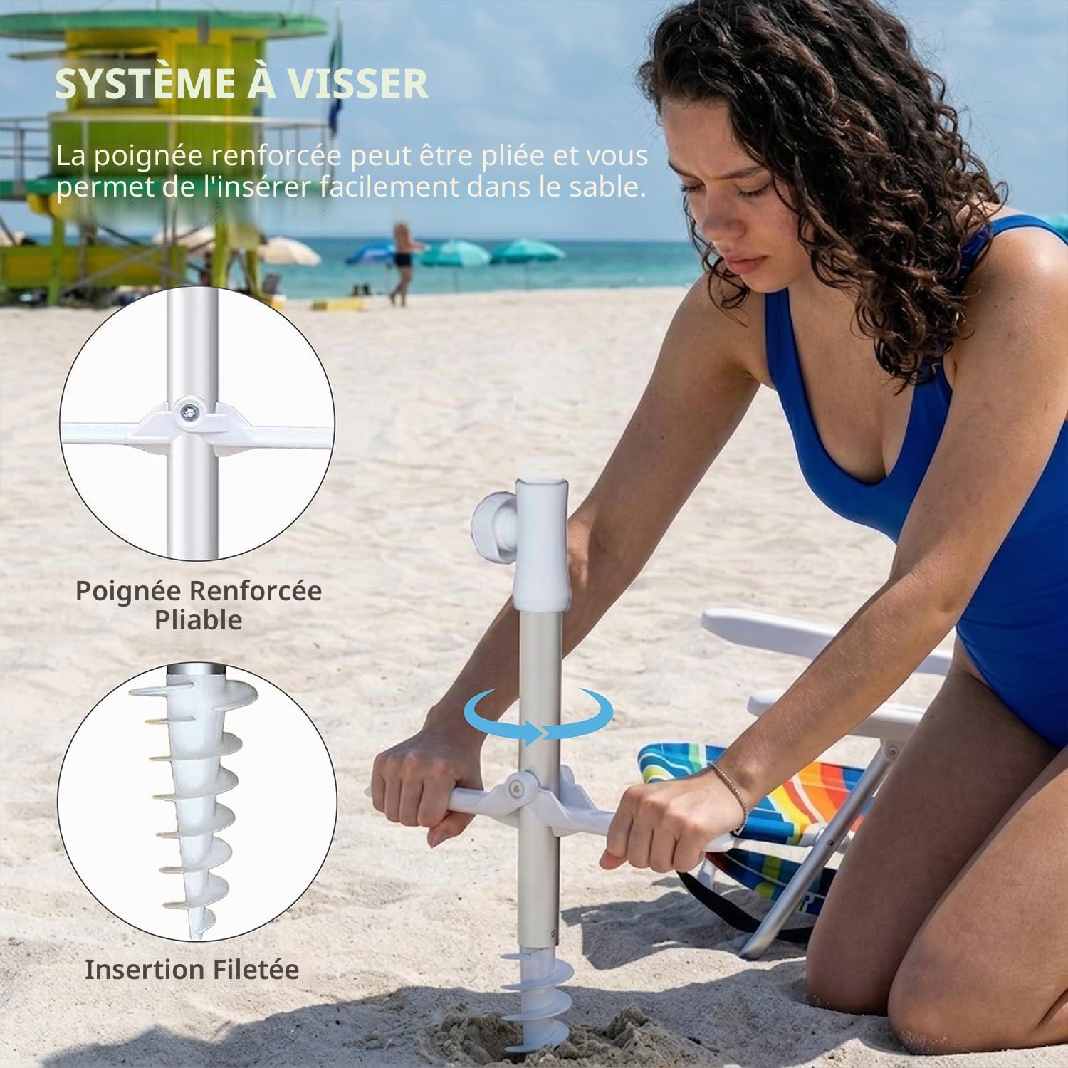 AMMSUN Parasol de plage portable compact de 2 m avec ancre de sable, coupe-vent, bouton poussoir d'inclinaison et grille d'aération, protection UV 50+, tient dans une grande valise pour voyage,