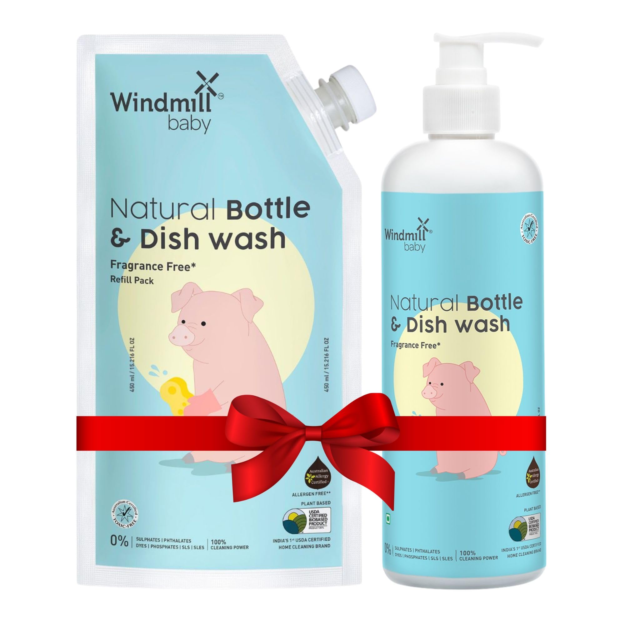 Windmill baby Fragrance Free Bottle Cleaning Liquid Combo - 450ml Bottle + 450ml Refill, Allergen Free, USDA Certified, for Feeding Bottles, Pump Parts and More