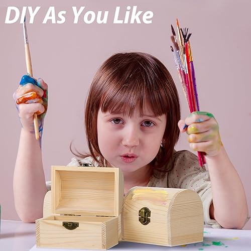 Miniatura 7 de Aodaer 4 piezas de cofre del tesoro de madera sin terminar decorativo de madera de pino con tapa con bisagras y cierre de bloqueo, cajas de madera