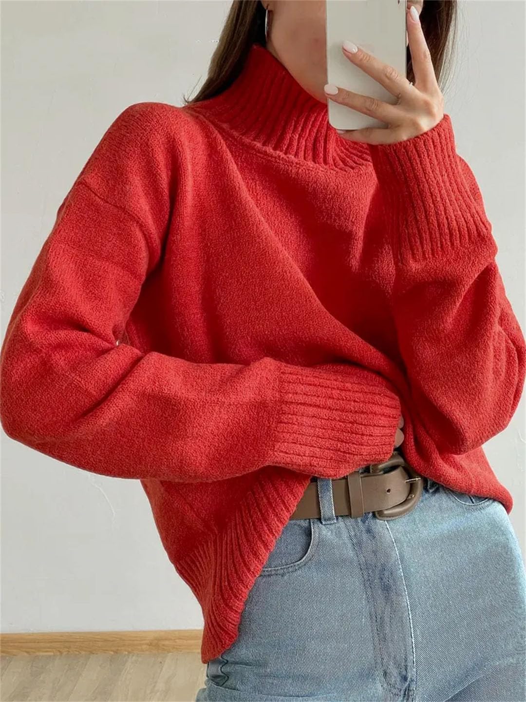 Maglione da donna a collo alto, a maniche lunghe, lavorato a maglia, tinta unita