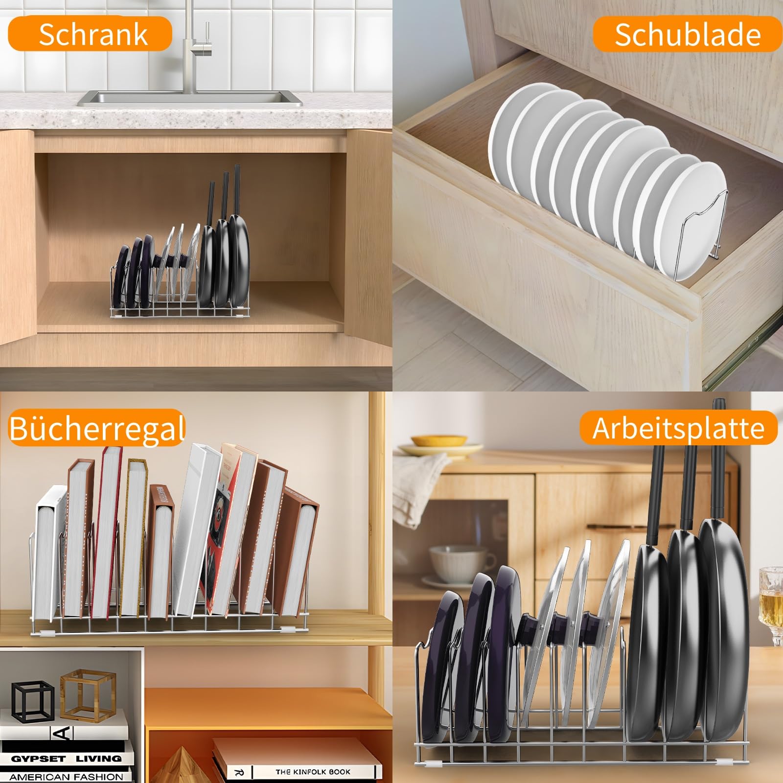 Organizer Da Cucina 2-in-1 Con Vassoio Antigoccia – Portacoperchi E Reggiposate In Ferro E Plastica, 19x15.8x13 Cm, Bianco/Nero