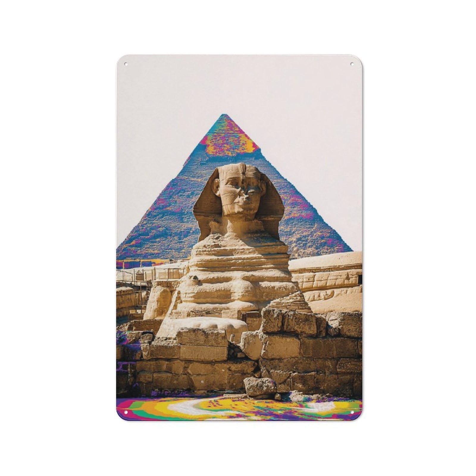 Junmoney Colorful Sphinx And Pyramid Scene Metal Wall Plaque With Design 30X20cm, Old Fashioned Vintage Wall Decor For Living Room, Hallway, Kitchen Or Cafe
