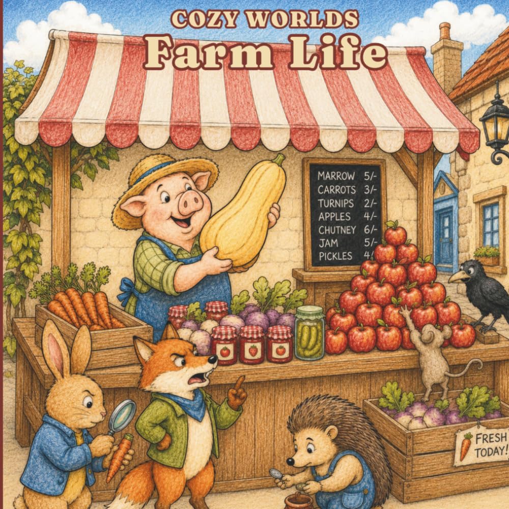 COZY WORLDS: Farm Life: A Whimsical Coloring Book of Farm Animals, Country Fairs, Harvest Festivals, and Village Adventures (Cozy Worlds Coloring Books)