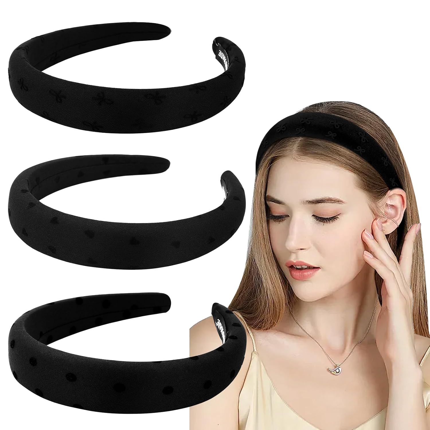 3Pcs Padded Headband for Women Girls Black Headband Set Non Slip Heart Polka Dot Bow Hairbands Cute Soft Puffy Hair Band Fashion Headbands for Long Short Thick Thin Curly Hair Accessories Gifts