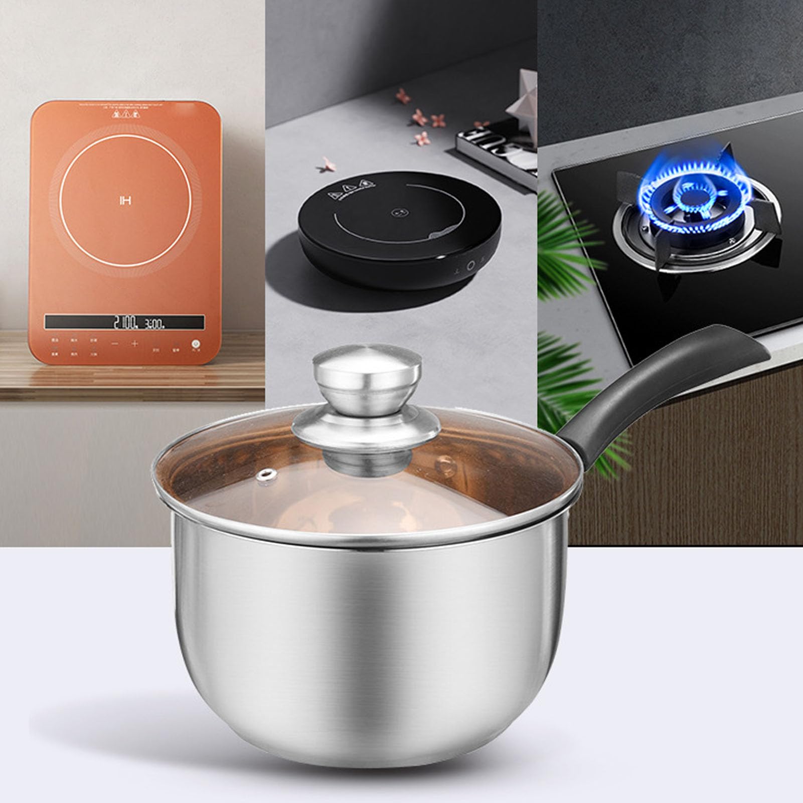 Casquette, casserole de lait de sauce, petite marmite à cuisson, moule à soupe en acier inoxydable avec un long couvercle en verre à poignée pour la cuisson à la cuisson (18 cm)