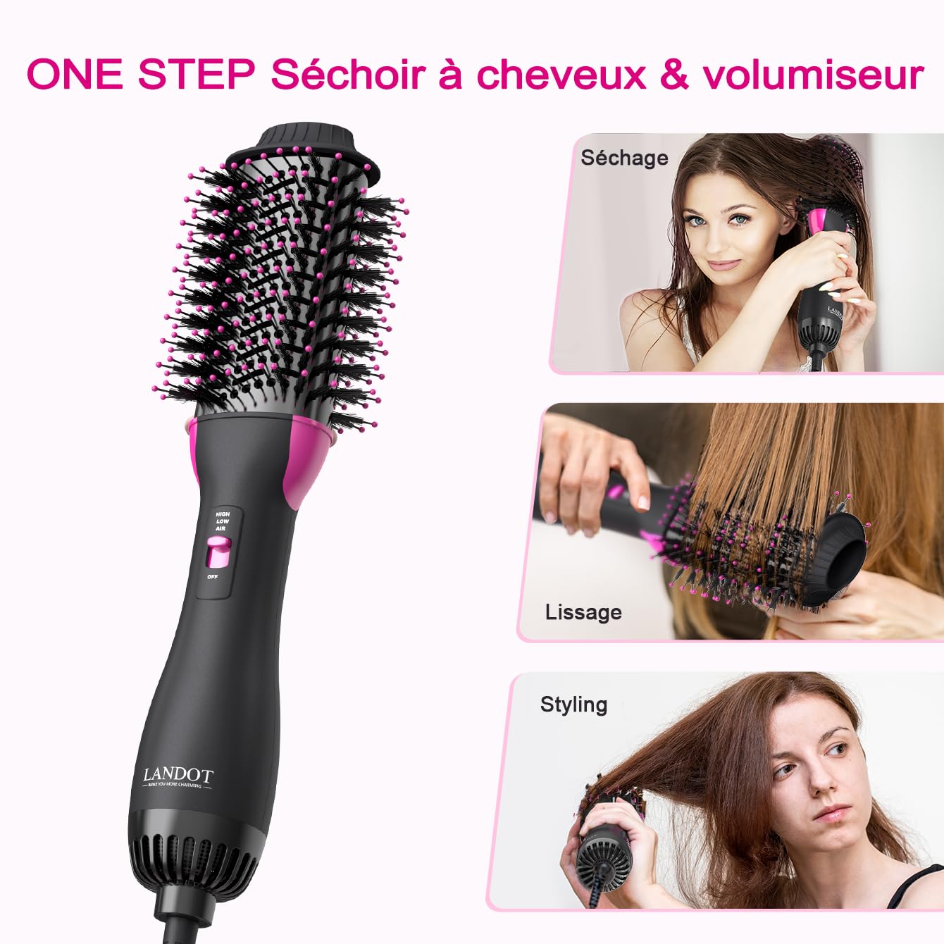Brosse Soufflante Chauffante, Sèche-Cheveux Brosse 3 en 1 - Brushing Express Anti-Frisottis, 3 Modes de Chaleur, Ions Négatifs pour Cheveux Lisses et Brillants