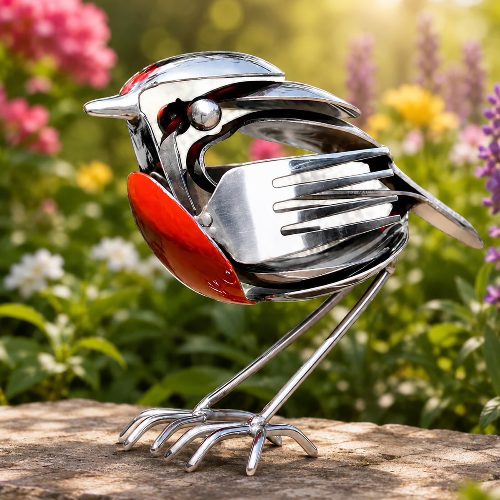 Metal Robin Garden Ornament, Handcrafted Recycled Cutlery Art Sculpture
