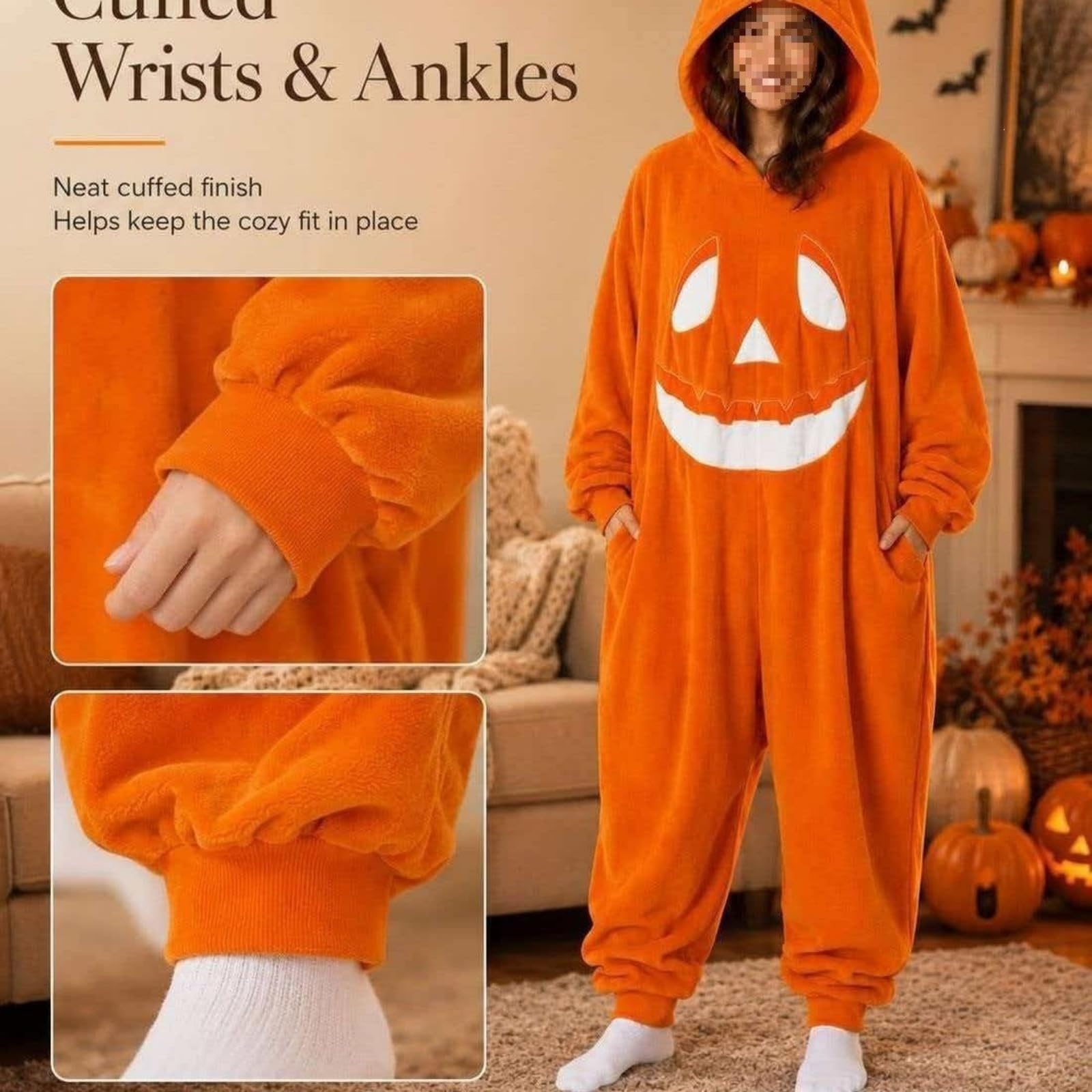 Pijama de Calabaza para Adultos Disfraz de Halloween | Disfraz de Mono con Capucha de Felpa, Regalo Festivo de Calabaza, Calabaza de Halloween, Mono de Una Pieza