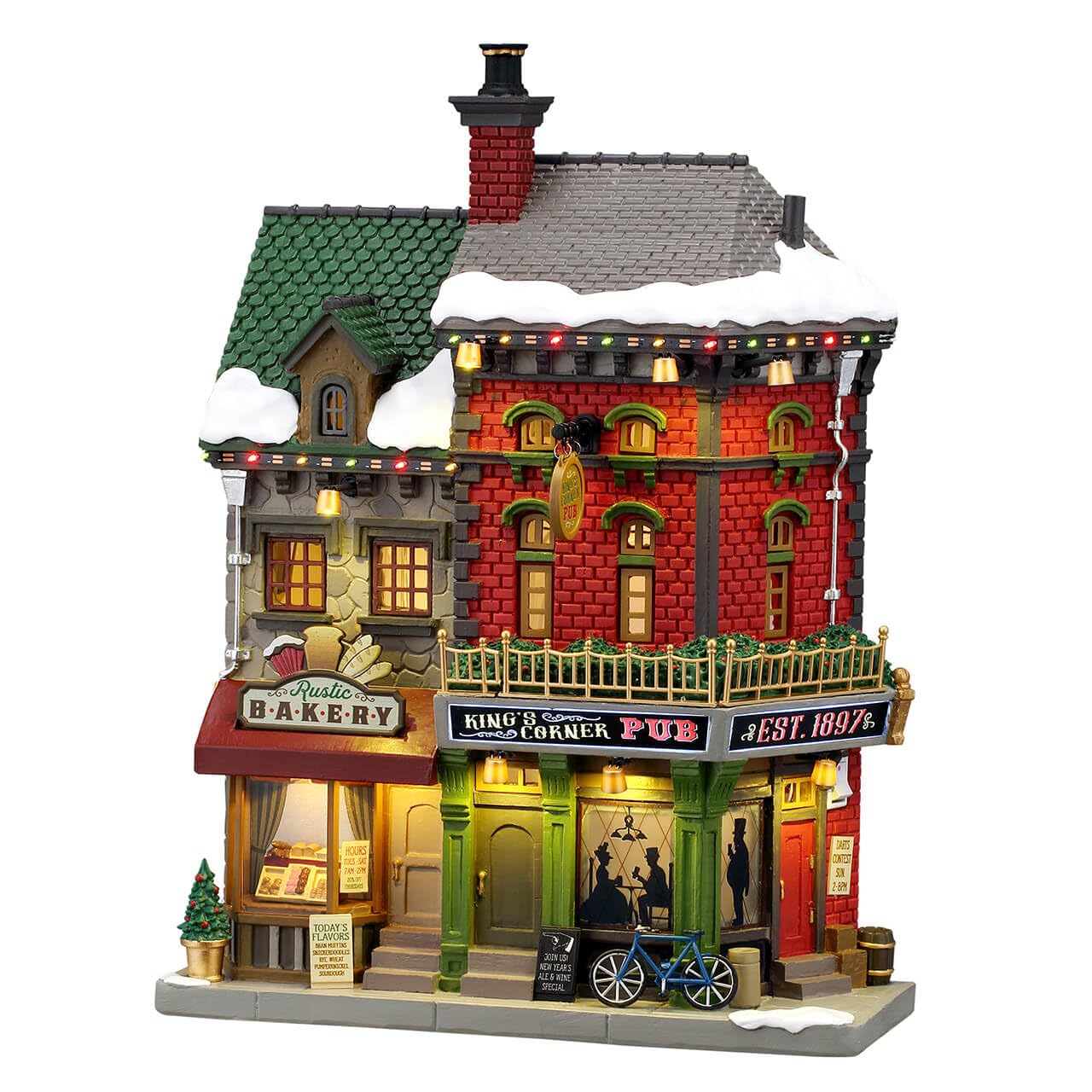 Lemax King's Corner Pub fachada estrecha para decorar repisas pequeñas sin perder espacio