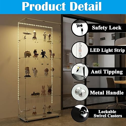 Miniatura 75 de Vitrina de cristal con 4 estantes con tira de luces LED y cerradura, vitrina de vitrina con ruedas y 1 puerta, vitrina de vidrio templado para sala