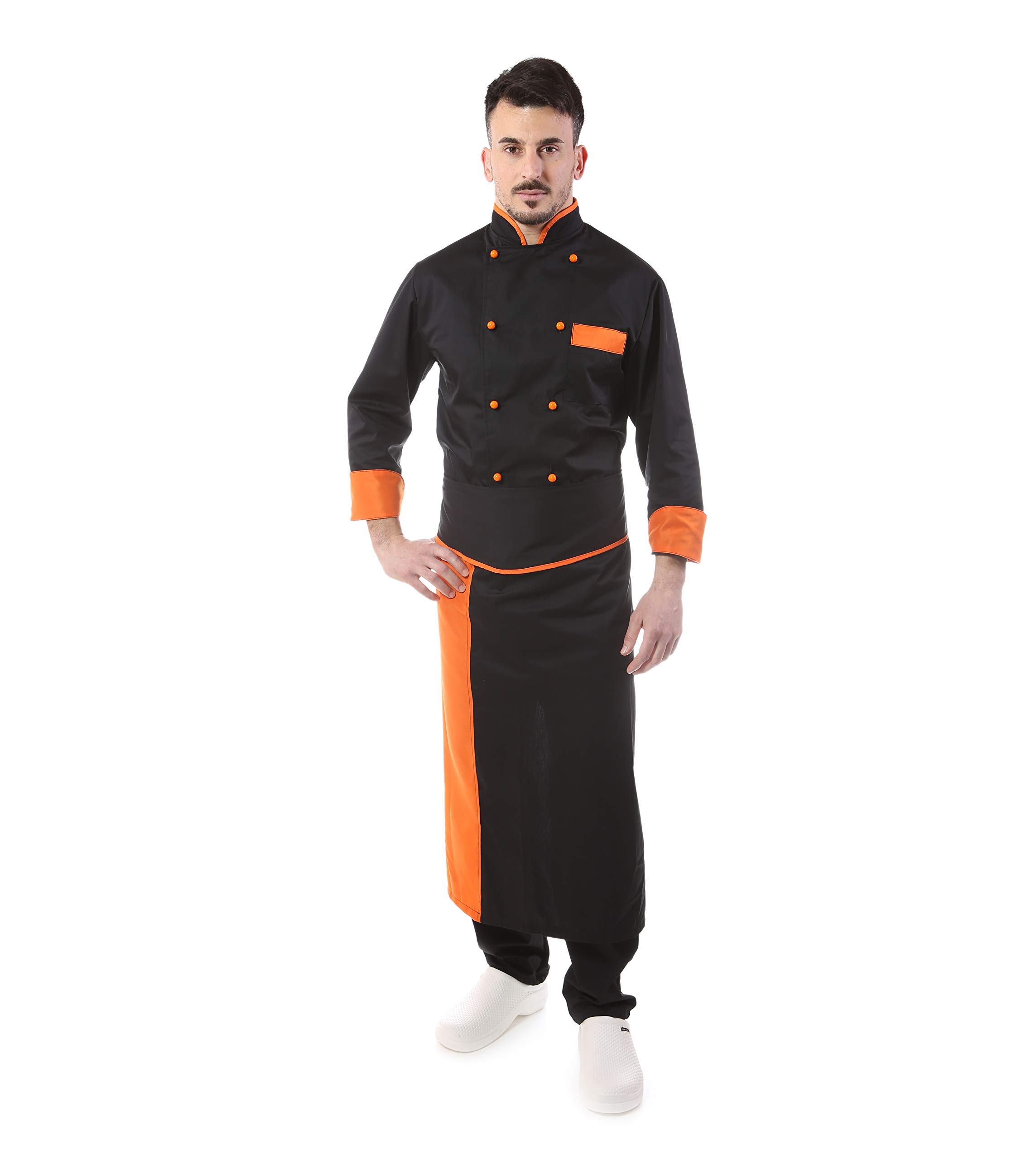 Bordado gratuito – Conjunto de cocinero para hombre – Negro y naranja – Uniforme Chef – Chaqueta, pantalones y delantal – Uniforme para cocina y restaurante – Fabricado en Italia