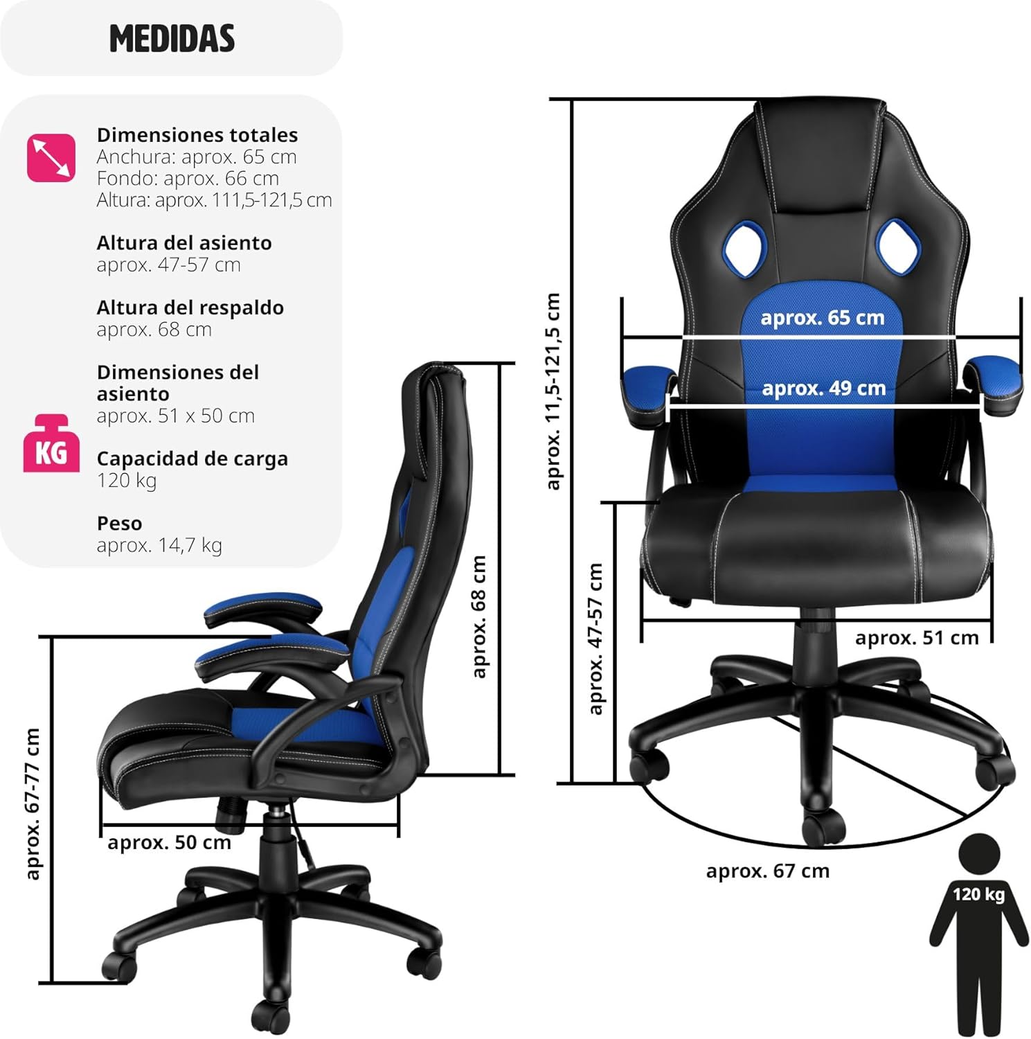 Diagram showing detailed dimensions of the TecTake Racing Office Chair, including total height, seat height, seat depth, backrest height, armrest height, and base diameter. Also indicates a 120 kg load capacity and 14.7 kg weight.