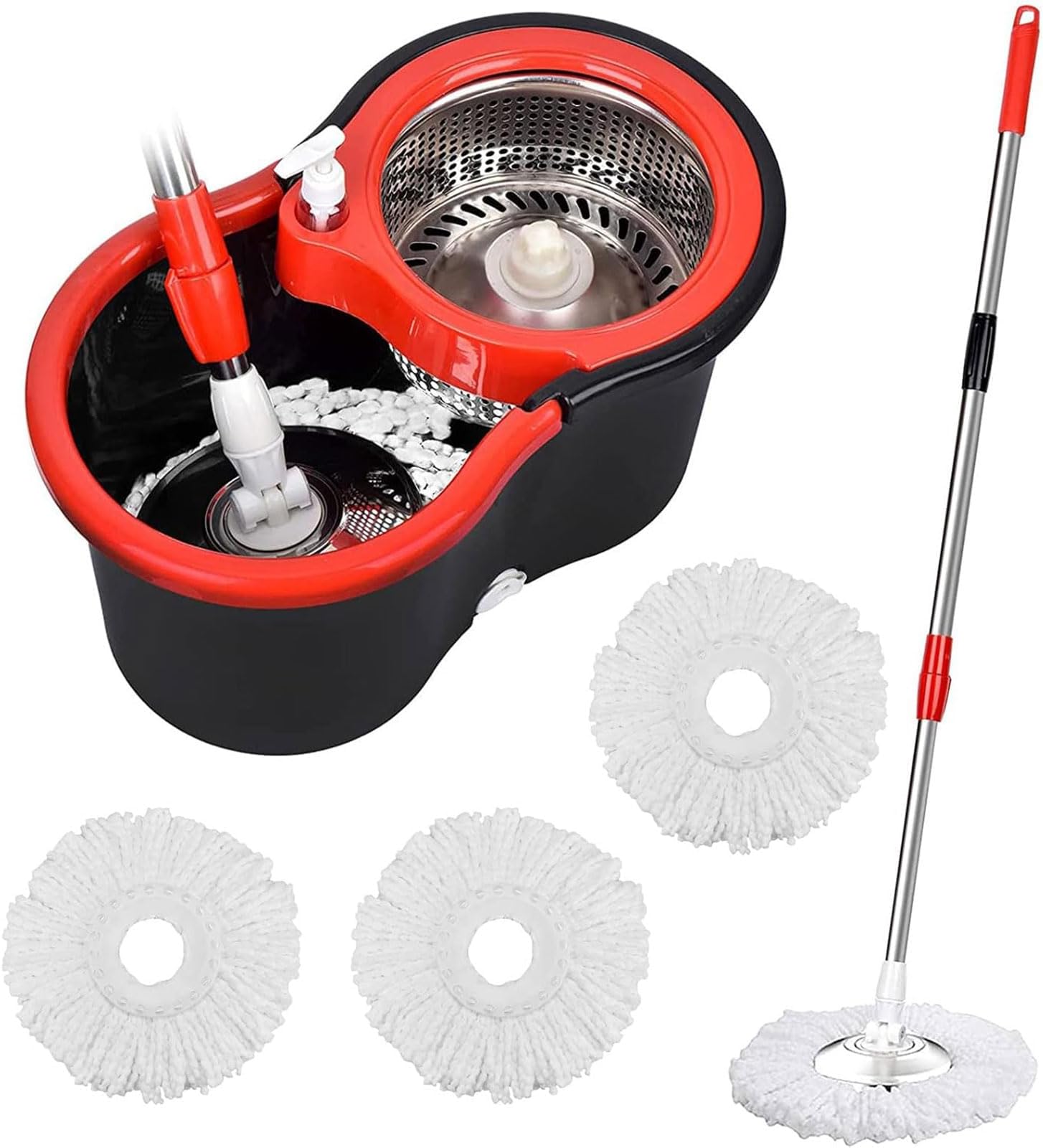 360°Spin Mop and Bucket with Wringer Set & 3 Microfiber Refills, Stainless Steel 61" Extended Handle Spinning Mop Bucket Self Wringing Spinning Mop for Floor Cleaning