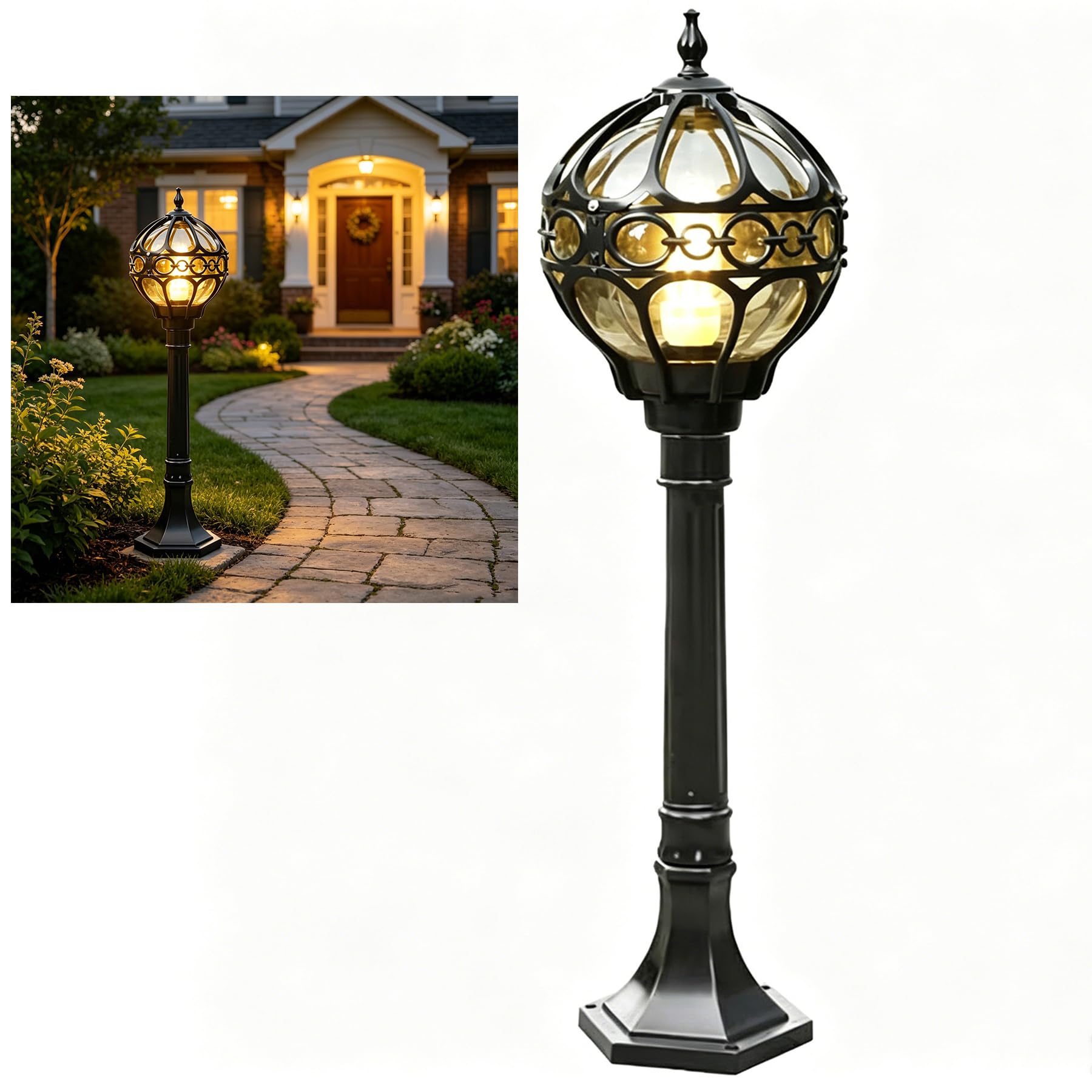 Chao Zan Outdoor Bollard Light, Globe Lantern Post Light, E27 Socket, 73CM Height, cast Aluminium and Glass, Connect to Mains Power 220v~240v, Garden Pathway Lamp (Black)