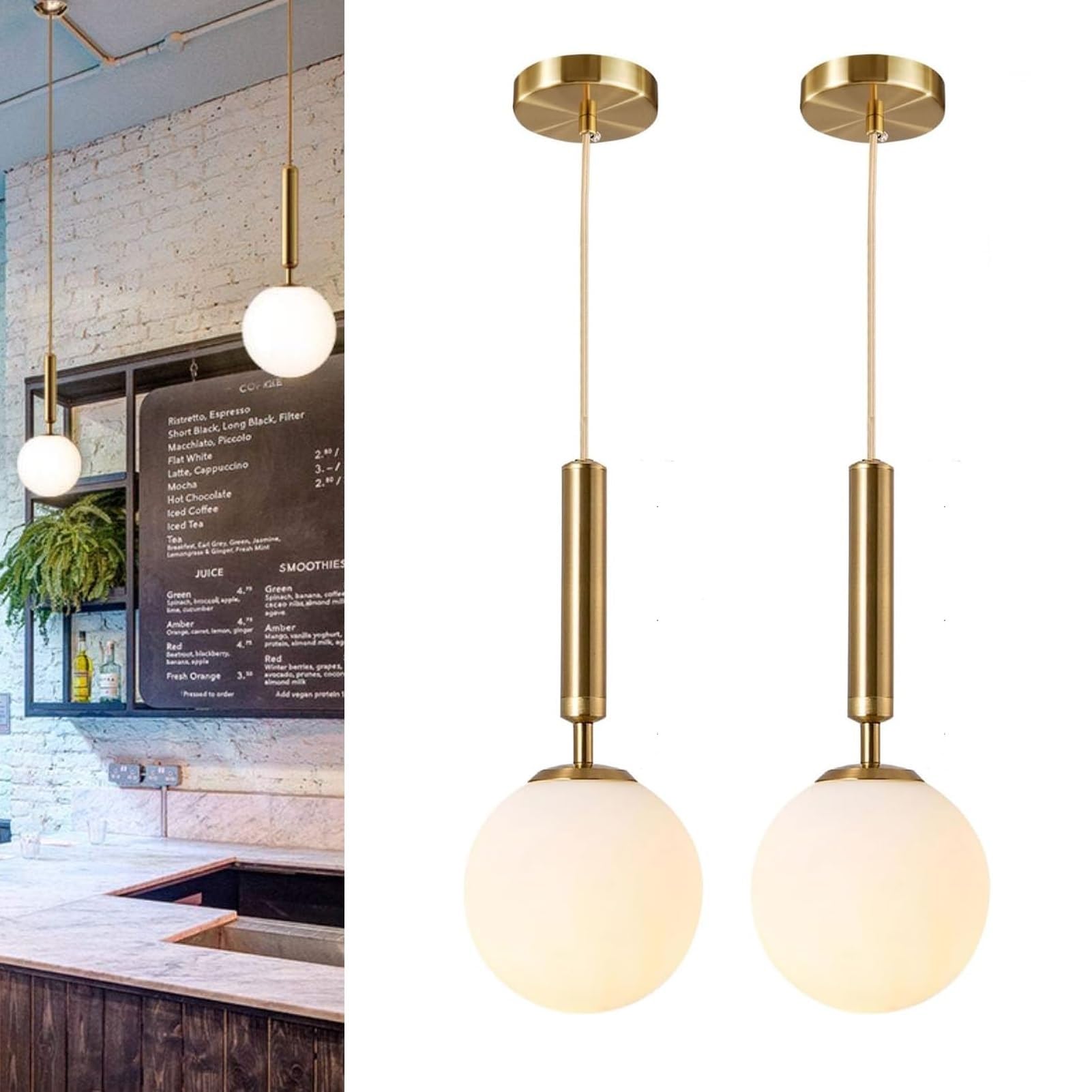 jengush Modern Ceiling Lights Battery Operated Pendant Lights Set of 2,Gold Battery Chandelier with Wireless Remote Dimmable,10 Colors Modes Rechargeable Bulb for Kitchen,Dining Room,Living Room