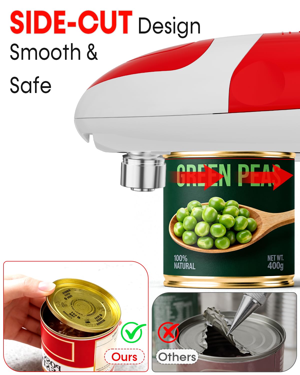 Abrelatas eléctrico para personas mayores, fácil de usar, corte lateral, con motor de potencia, se adapta a todos los tamaños de latas, funciona con pilas, manos libres para cocina (rojo)