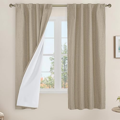 LAMIT Taupe 100% Blackout Linen Curtains, 63 Inches Linen Textured Thermal Bedroom Curtains Back Tab and Rod Pocket Neutral Panels with White Liner for Farmhouse, 2 Panels, 38 x 63 Inch