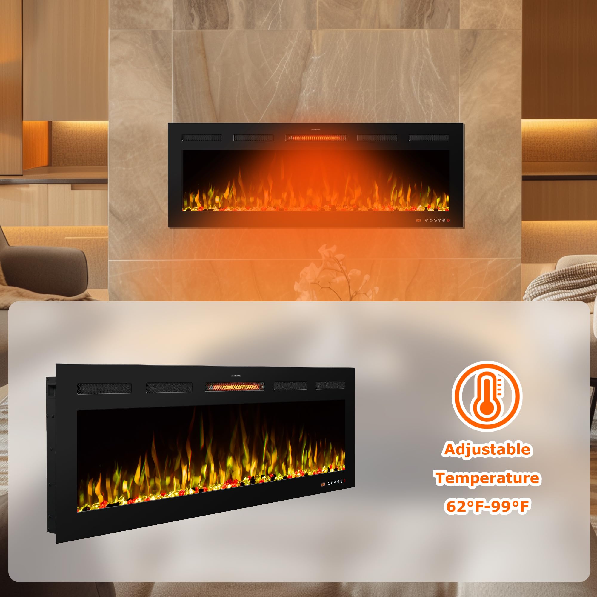 Insertos de chimeneas eléctricas inteligentes de 48 pulgadas, control remoto y pantalla táctil y control por aplicación, calentador de chimenea empotrado y montado en la pared con 7