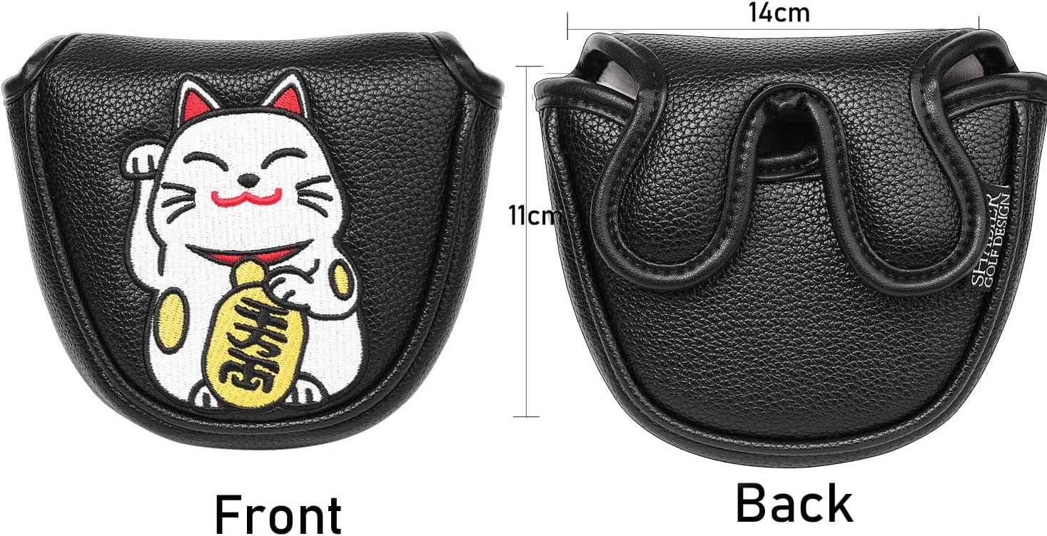 SHABIER Black Golf Mallet Putter Headcover with Maneki-Neko Lucky Cat Design for Mallet Headcover