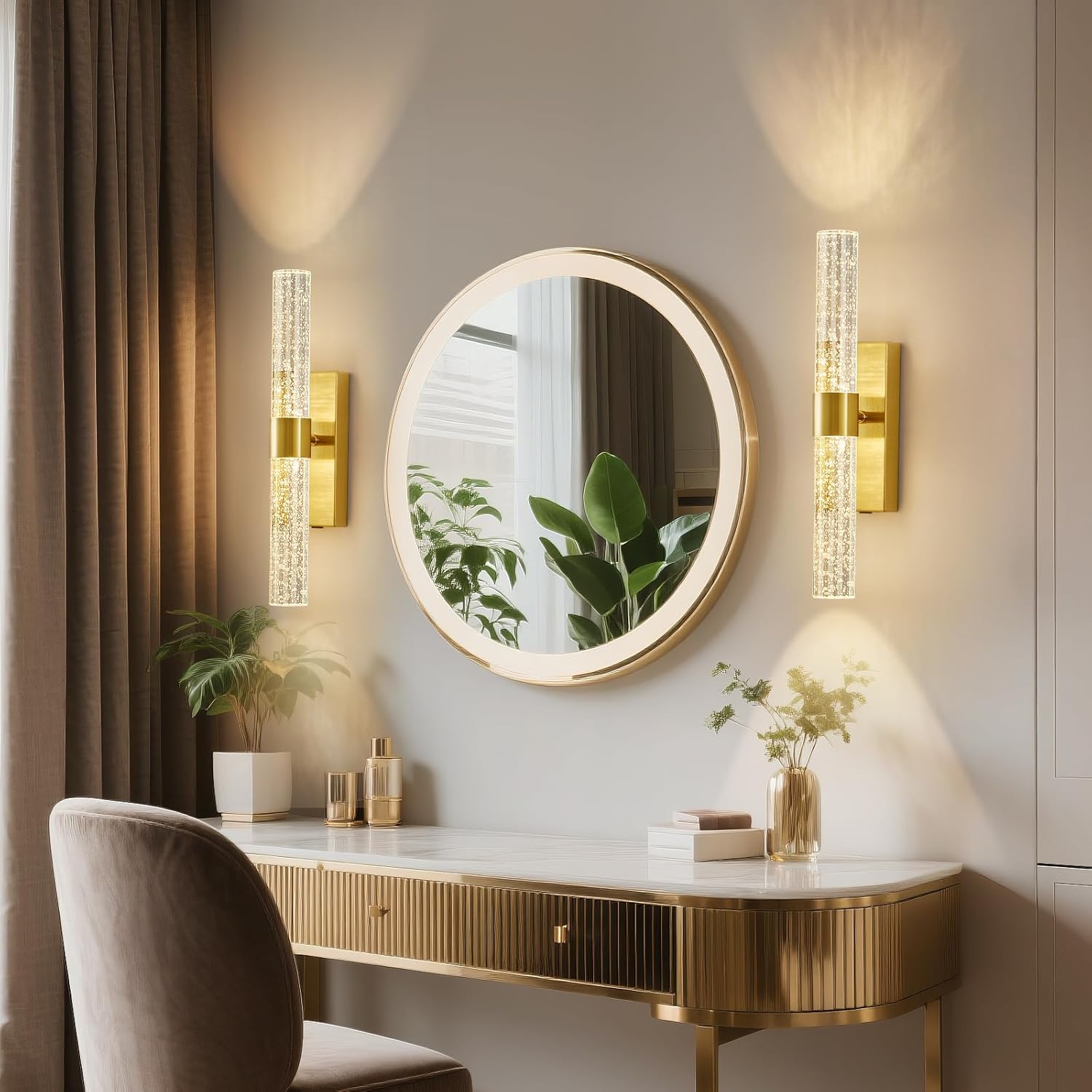 Gold Wall Sconces Battery Operated Set of 2, 10000mAh Rechargeable Wireless Wall Sconce with Remote Control, 3CCT, Dimmable Crystal Wall Lights for Living Room Bedroom Hallway