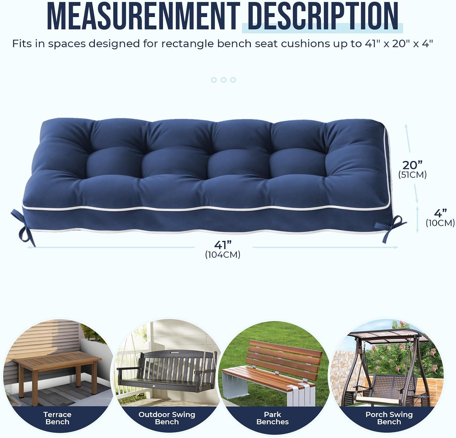 Waterproof Bench Cushion for Outdoor Furniture, 42 x 16 Inch, Fade-Resistant Patio Bench Cushion with Durable Ties for Porch Swing Kitchen & Dining (Blue)
