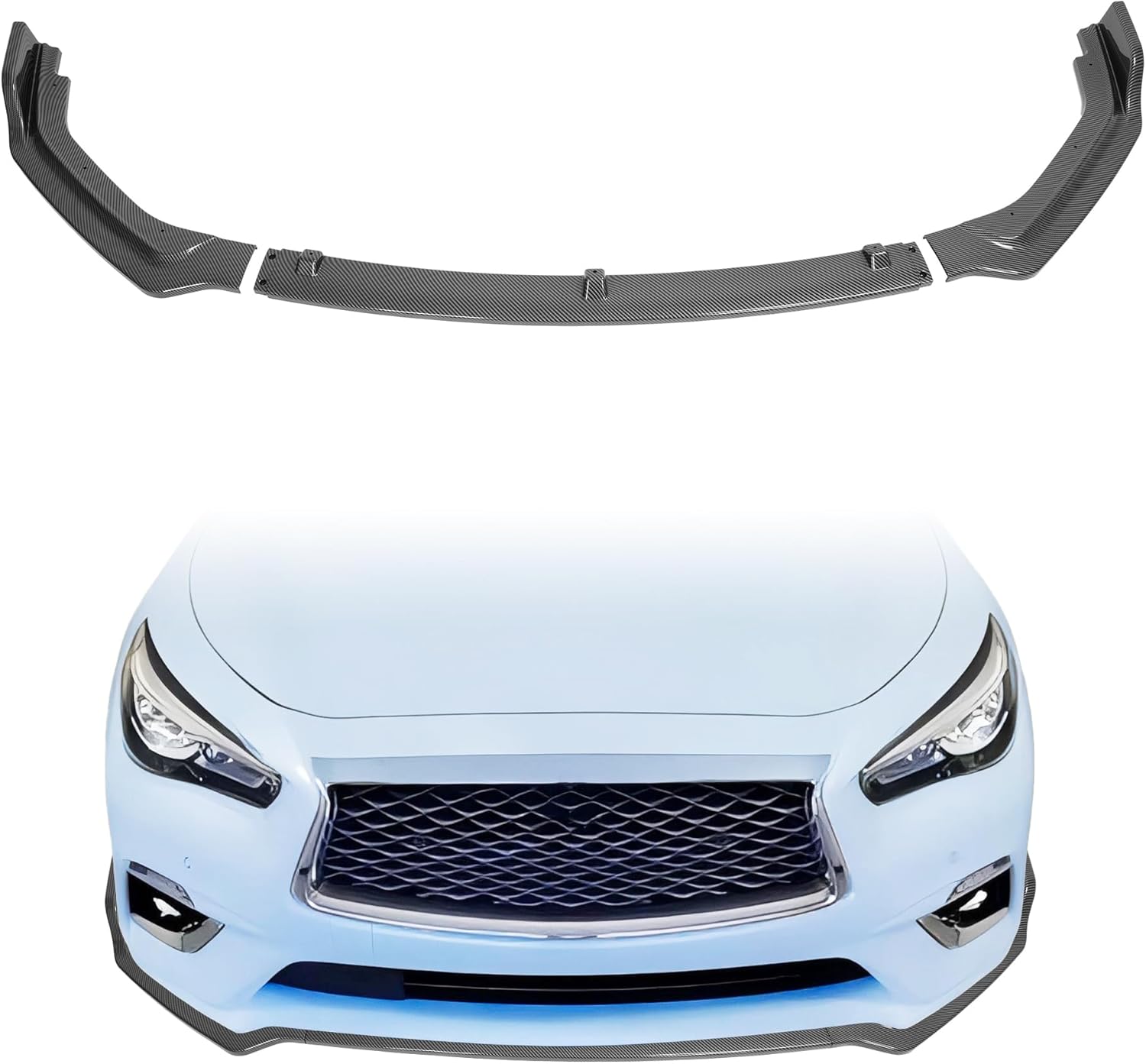 HECASA Front Bumper Lip Spoiler Compatible with 2018-2024 Infiniti Q50 Luxe/Base Models JDM Style, PP Plastic 3PC Style Under Chin Splitter Bumper Valance Diffuser Air Dams - Carbon Fiber Color