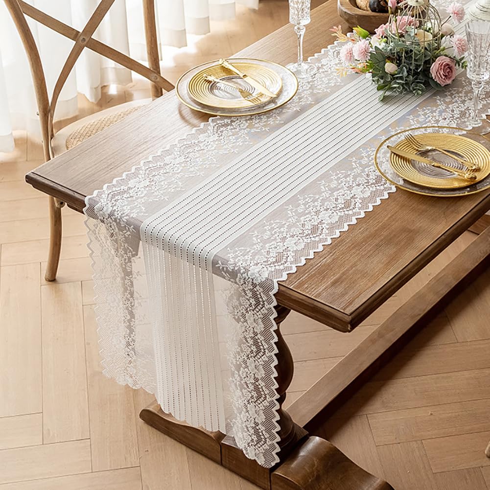 Tischläufer Aus Spitze Mit Blumenmuster, Rechteckige Rustikale Tischdecke, Bohemian-Couchtischbezug Für Hochzeitsfeier, Heimdekoration,Weiß-A,45 X 210 