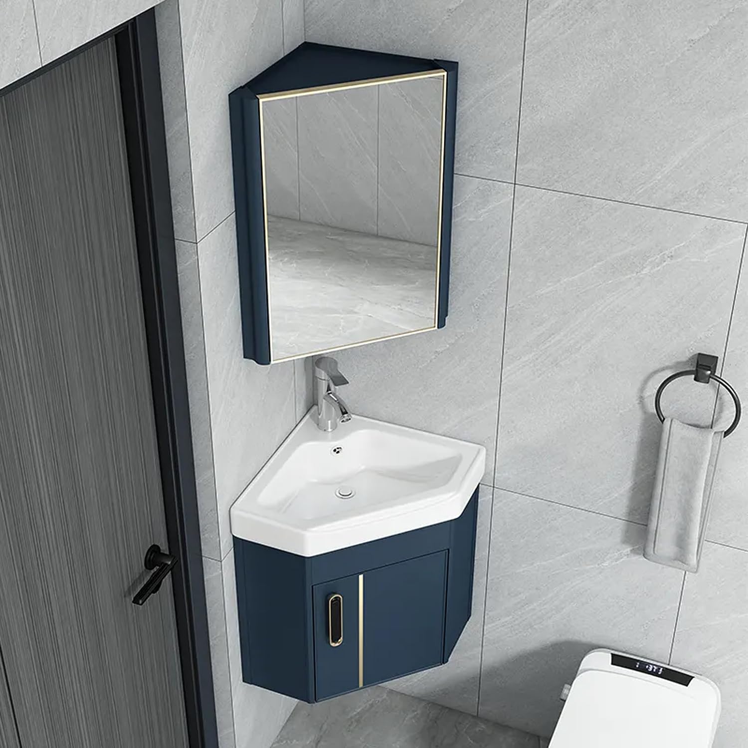 SGKOMN Corner Bathroom Vanity with Ceramic Sink & Mirror Cabinet, Wall Mounted Bathroom Vanity Sink Set for Small Space, Laundry Room, Balcony, Blue-38 * 38cm