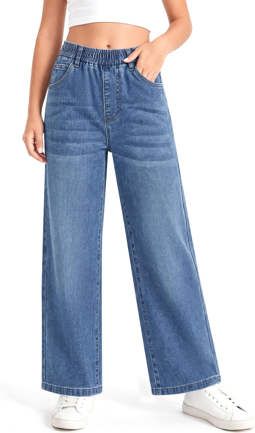 Haloumoning Girls Baggy Wide Leg Jeans High Elastic Waist Denim Pants