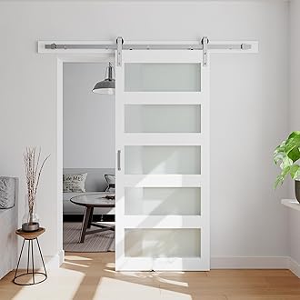 36in x 84in Glass Barn Door with 6.6ft Brushed Nickel Hardware Kit & Handle, Pre-Drilled Holes Easy Assembly -Solid Barn Door Slab Covered with Water-Proof PVC Surface, White, 5 Panel