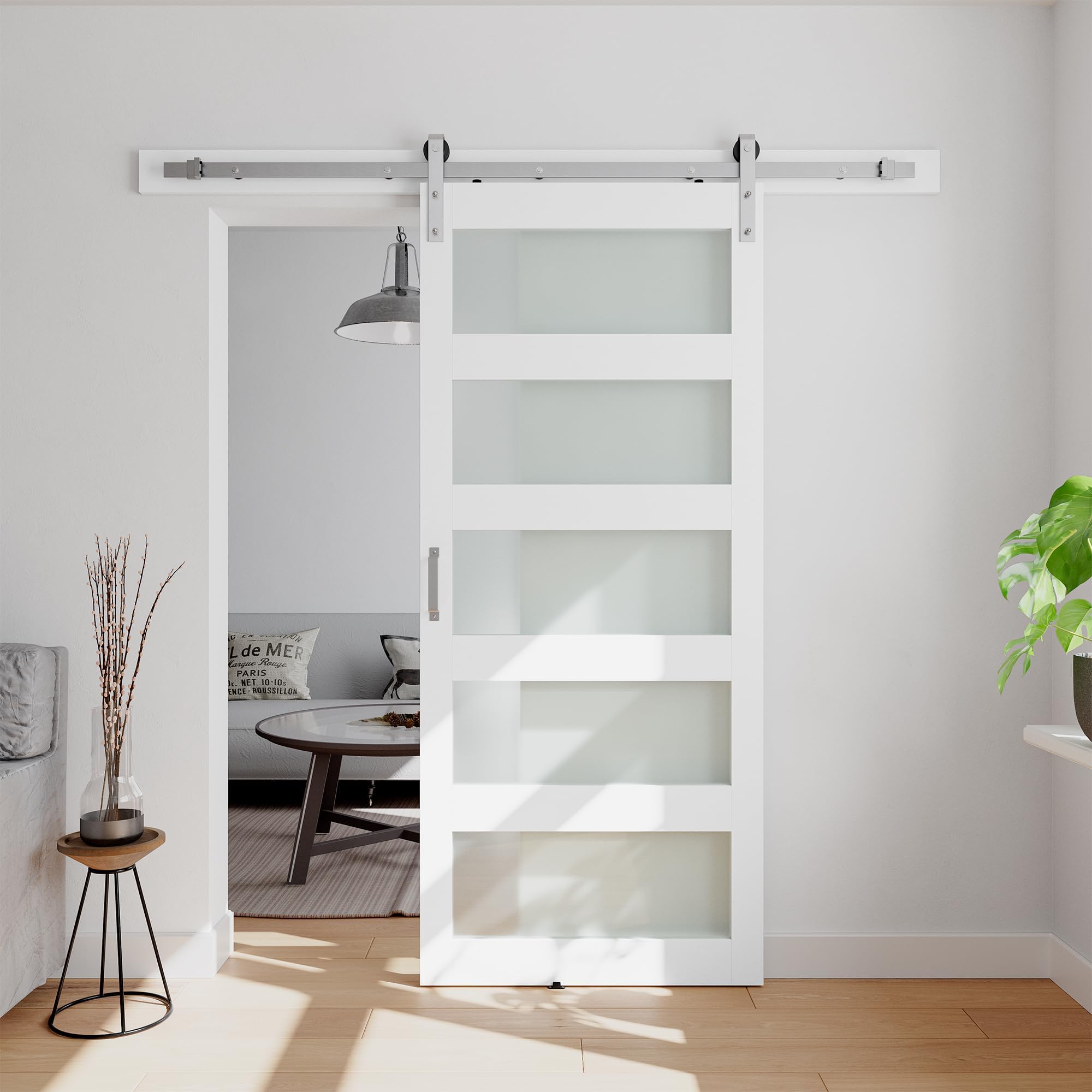 36in x 84in Glass Barn Door with 6.6ft Brushed Nickel Hardware Kit & Handle, Pre-Drilled Holes Easy Assembly -Solid Barn Door Slab Covered with Water-Proof PVC Surface, White, 5 Panel