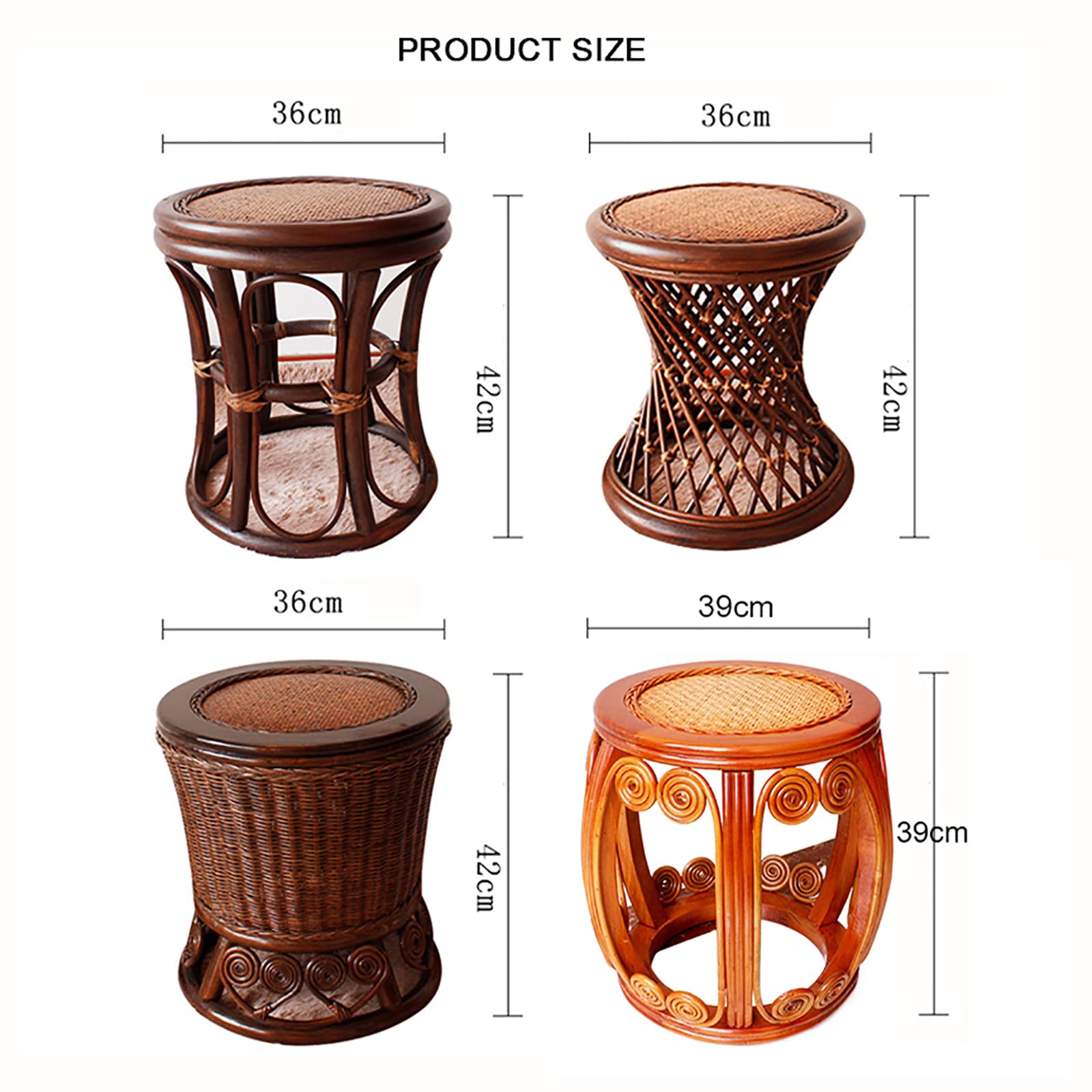 Sgabello in Rattan Naturale Premium, Sgabello Ottomano in Vimini Intrecciato a Mano, Sgabello Multifunzione Rustico con Accento in Legno Tavolino per Giardino Esterno-E 42x36x36 cm (17x14x14 pollici)
