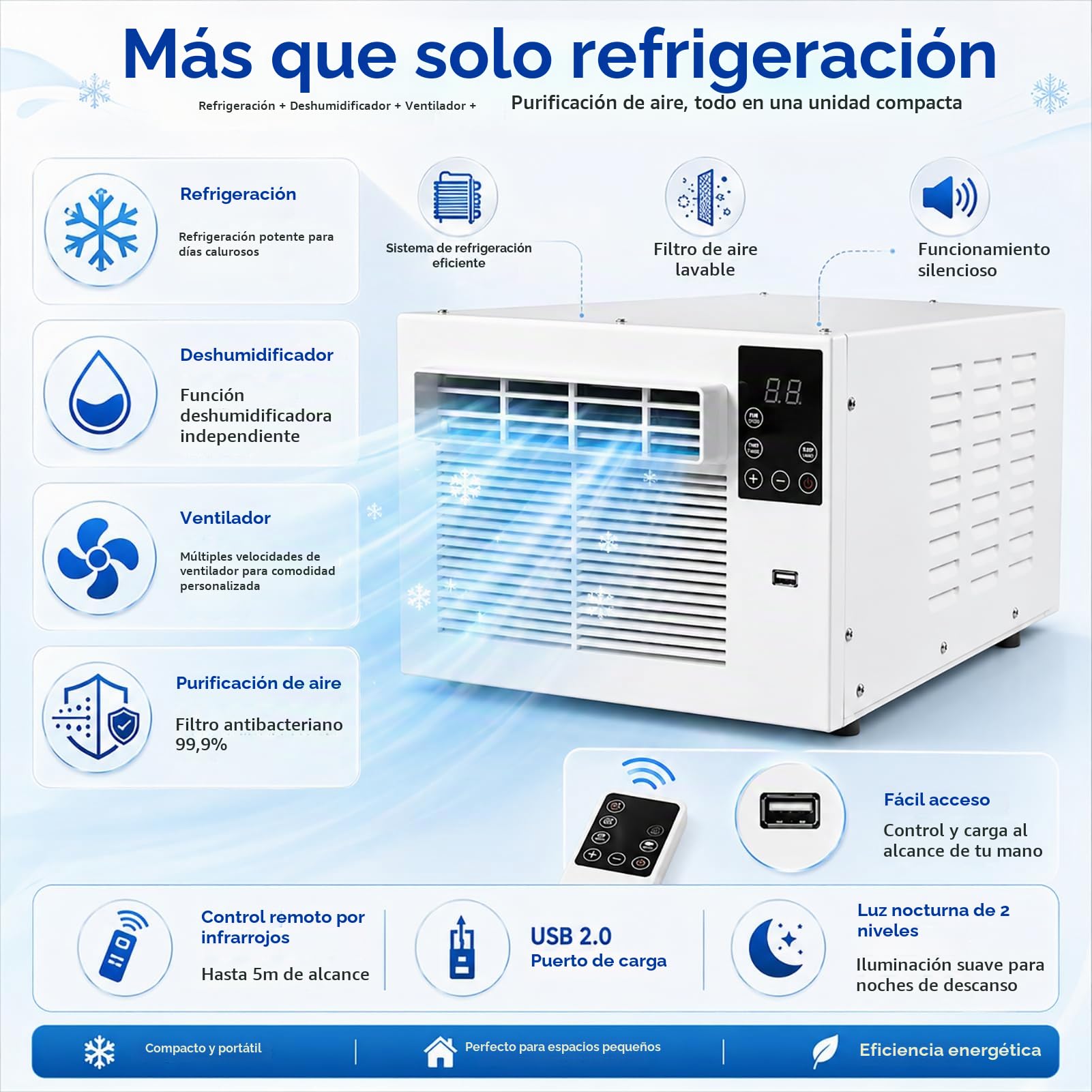Aire Acondicionado Portátil con Compresor y Enfriamiento Rápido, Silencioso 45dB, Deshumidificador y Temporizador 1-12h, Control Remoto, Bajo Consumo 280W, Ideal para Dormitorio y Cocina