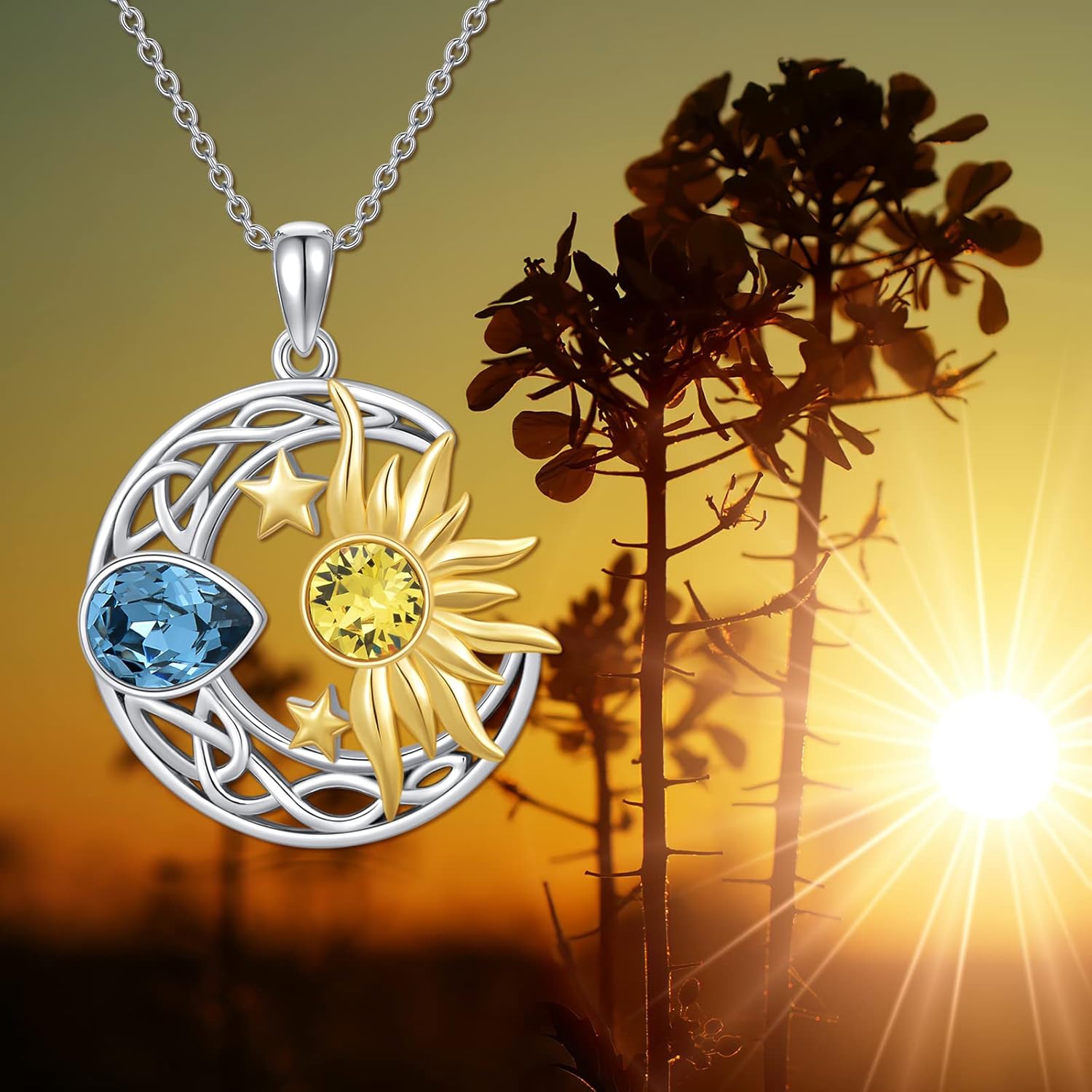 AOBOCO 925 Sterling Silver Moon Sun Star Necklace Celtic Jewelry for Women Girls - Image 6