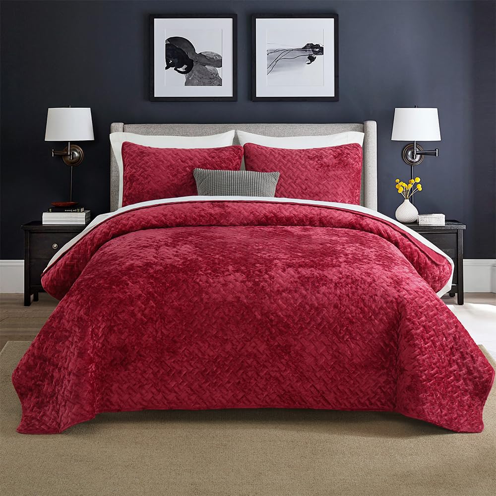 Liians Velvet Bedspread Quilt Bedding Sets,Luxury Elegant Ultra Soft Velvet Comforters Coverlet Blankets,Weave Stitching Pattern Cotton Quilted