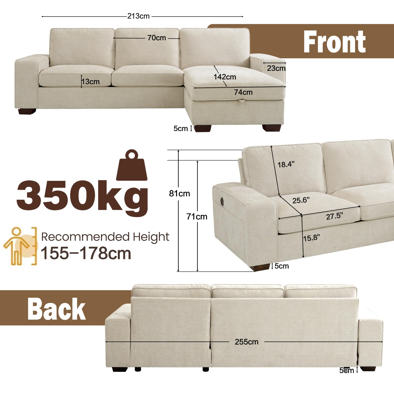 DUANDUAN Sofá seccional Convertible 250 cm con Almacenamiento en Chaise, Moderno diseño Reversible en Forma de L, cómodo Tejido de Chenilla, Fundas de Almohada Desmontables, Puertos USB Tipo C Beige
