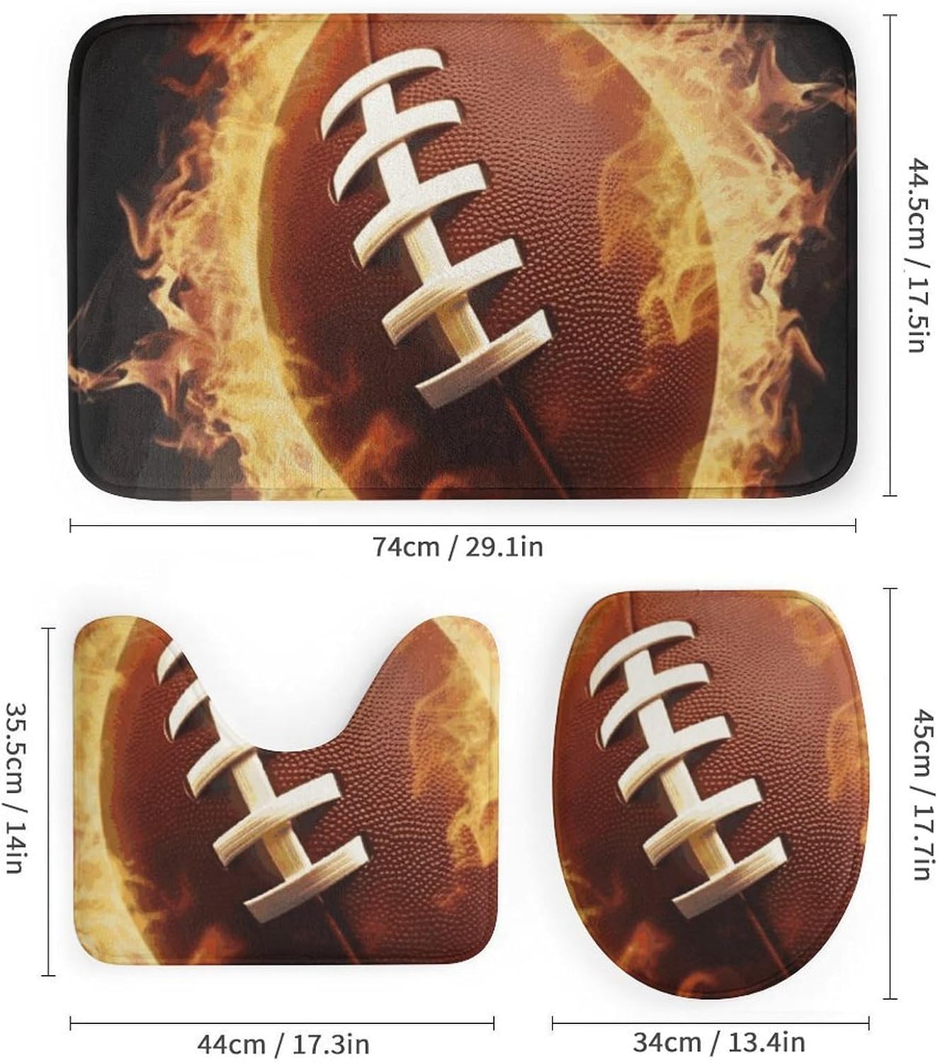 Flaming American Football Shower Curtain Set 4 Piece, Non-Slip Bath Mat with Toilet Lid Cover and Waterproof Shower Curtain with 12 Hooks, Complete Bathroom Set for Home Decor