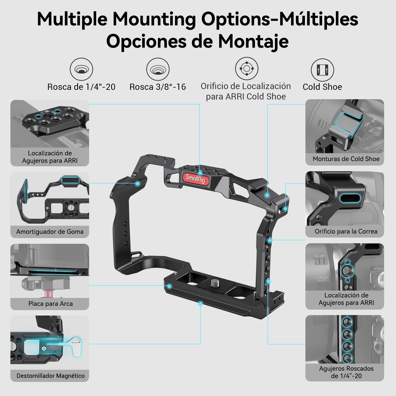 (Nueva Versión) SMALLRIG Jaula R5 / R5 C / R6 para Canon R5 R6 R5 C, Estabilizador de Plataforma de Aleación de Aluminio con Zapata, Orificios Roscados de 1/4"-20 y 3/8"-16-2982B