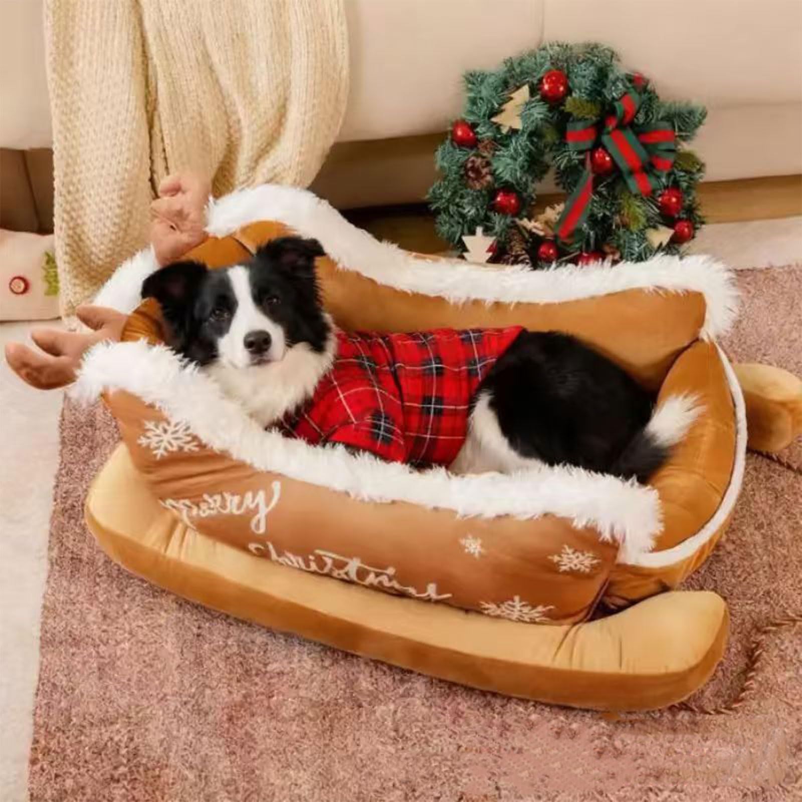 Letto per cani a slitta natalizia con copertura in pelo, morbido nido spesso per cani a pelo lungo, divano per cani da slitta di Natale con copertura in pelo, morbido divano per cani a pelo