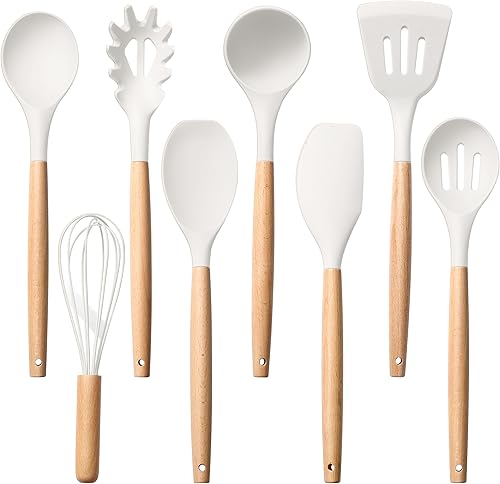Herogo Juego de 8 utensilios de cocina de silicona antiadherente con mango de madera, resistentes al calor, de grado alimenticio, incluye espátula,