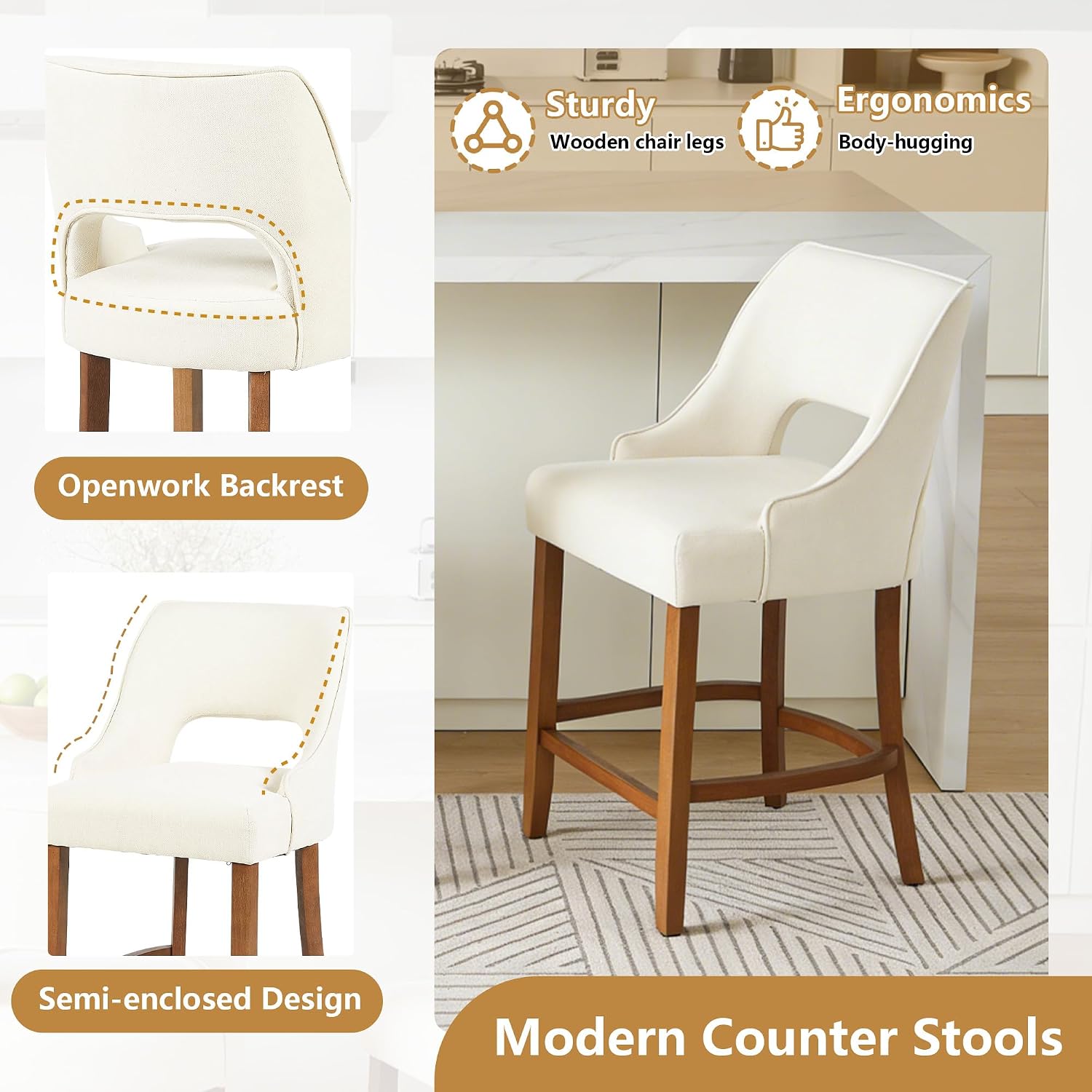 ClinQ Bar Stools Set of 2, 26" H Counter Height Bar Stools with Backs, Modern Upholstered Accent Barstools with Curved Footrest for Kitchen Island, Dining Room and Bar, Beige-Walnut Legs