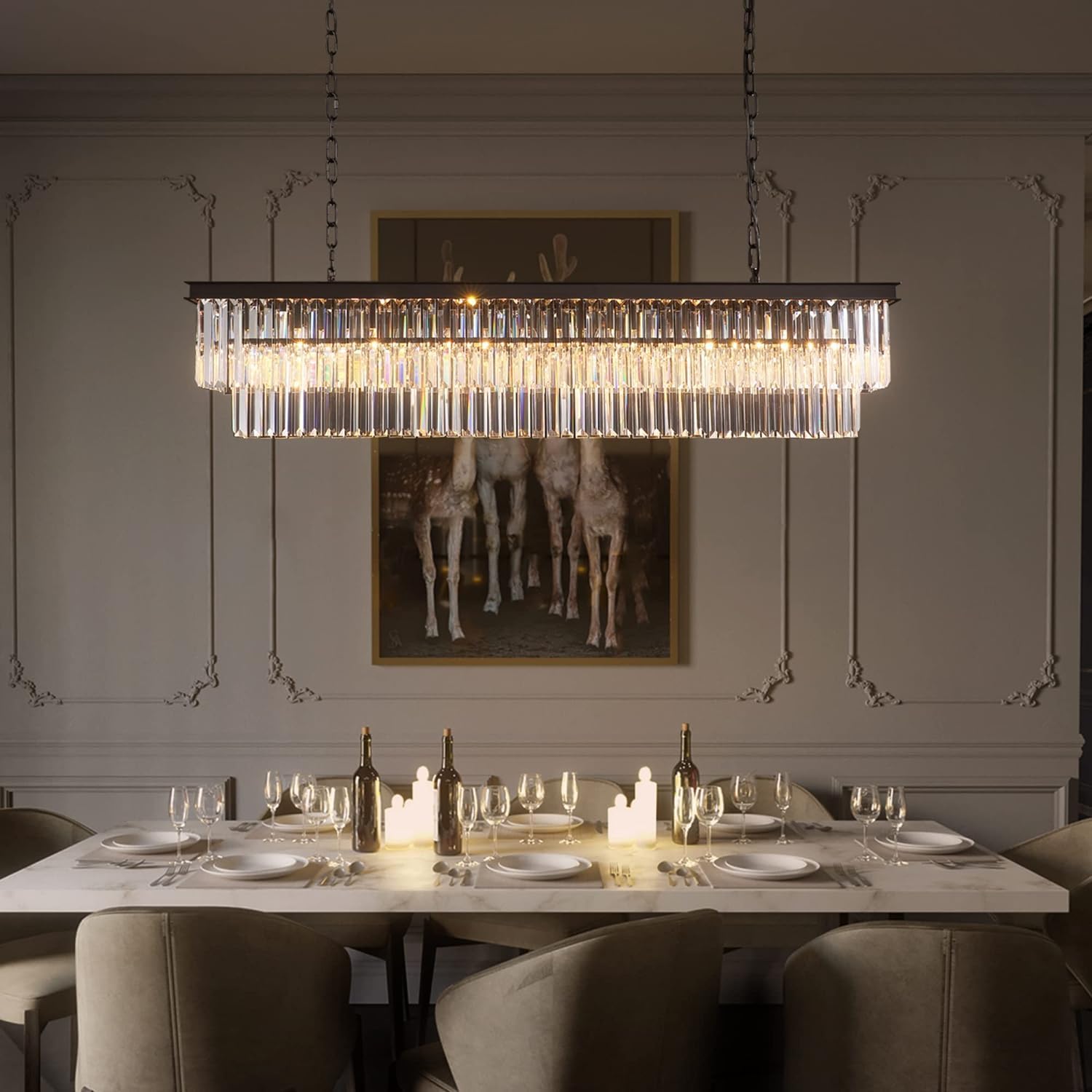 47-inch Rectangle Crystal Chandelier for Dining Room,Hanging Pendant Light with Adjustable 59" Wire,Modern Ceiling Light Fixture for Kitchen Island